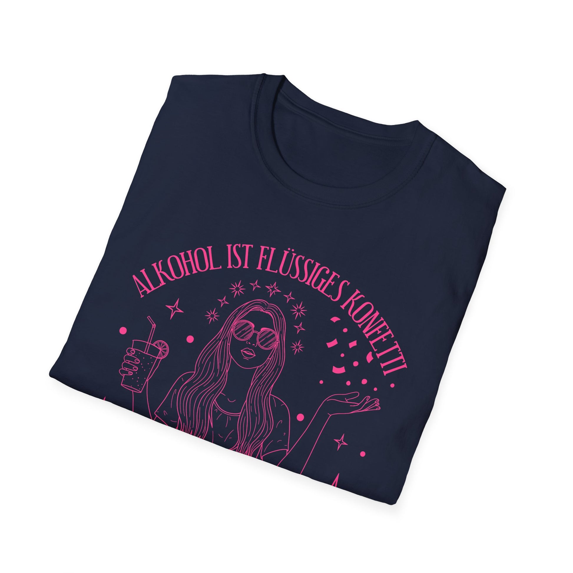 Damen T-Shirt in Navy mit pinkem Print: Frau mit Cocktail und Konfetti, Spruch „Alkohol ist flüssiges Konfetti – und ich bin die ganze Party“