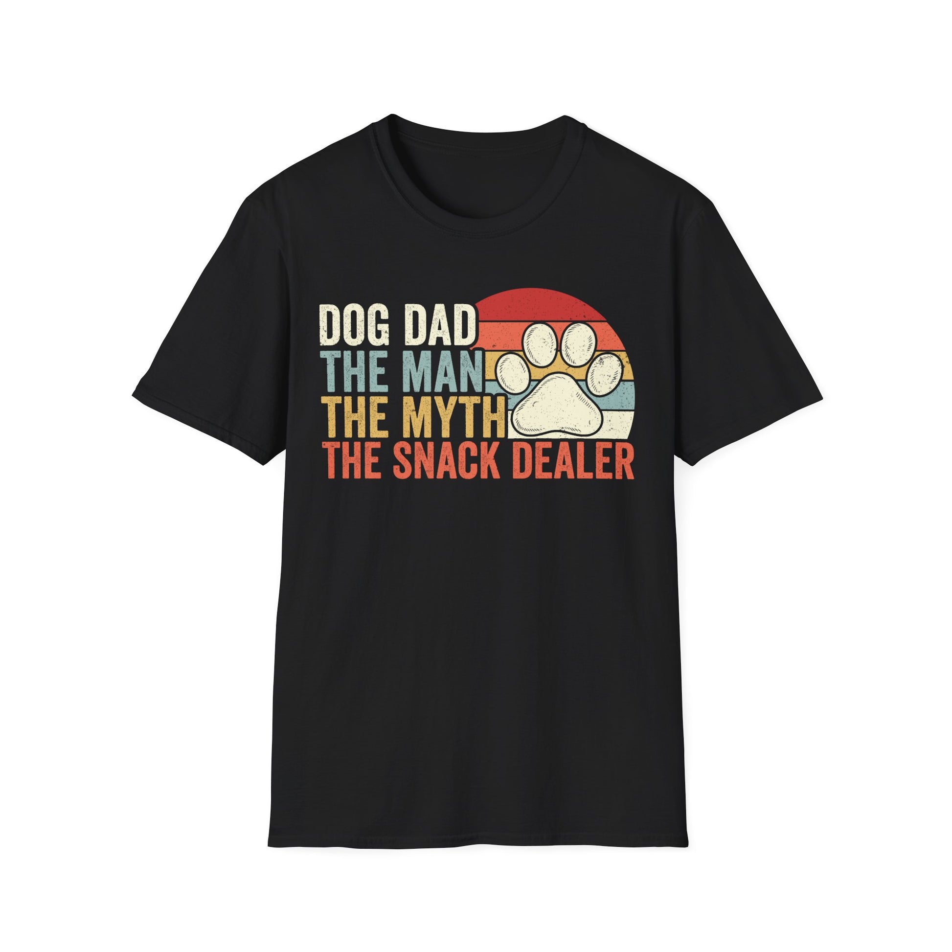 Schwarzes T-Shirt mit Aufdruck „Dog Dad – The Man, The Myth, The Snack Dealer“ und Pfoten-Motiv im Retro-Look, Geschenk für Hundebesitzer