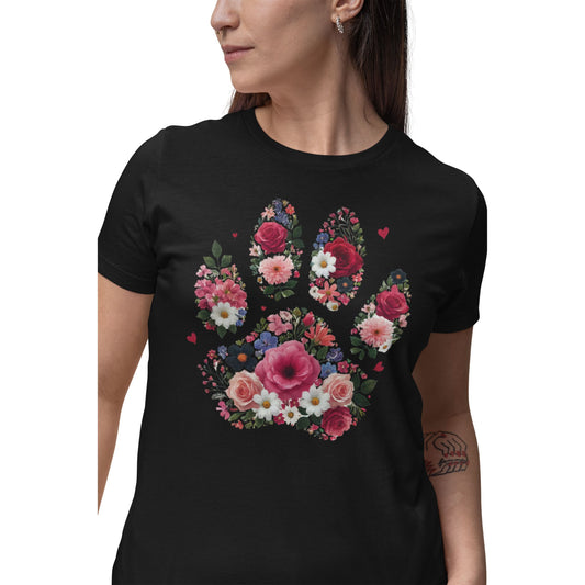schwarzes T-Shirt mit großem Print einer floralen Hundepfote aus bunten Blumen – Design für Hundefans und Tierfreunde.