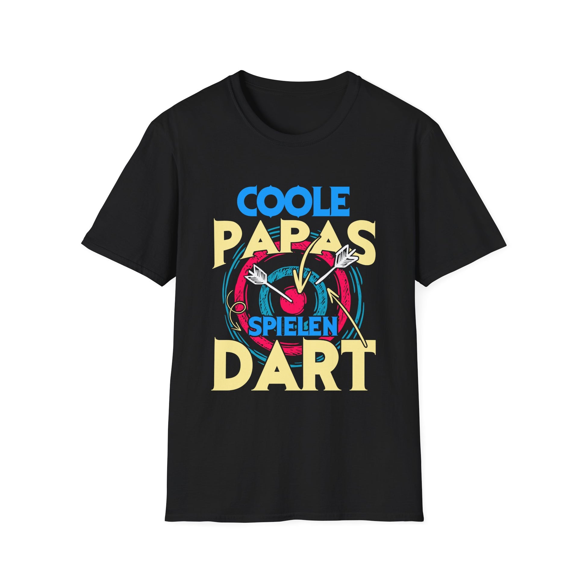 Coole Papas spielen Dart – T-Shirt mit Schriftzug und Retro-Dartscheibe