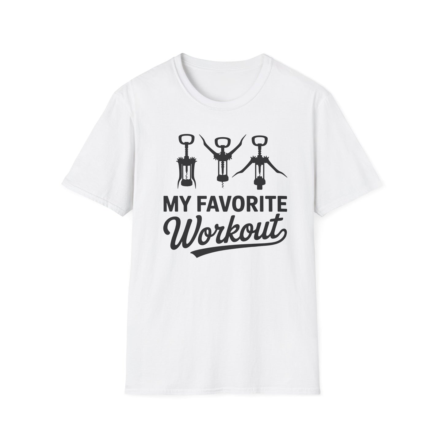 Weißes T-Shirt mit schwarzem Aufdruck „My Favorite Workout“ und drei Korkenzieher-Motiven – lustiges Funshirt für Weinliebhaber und Genießer