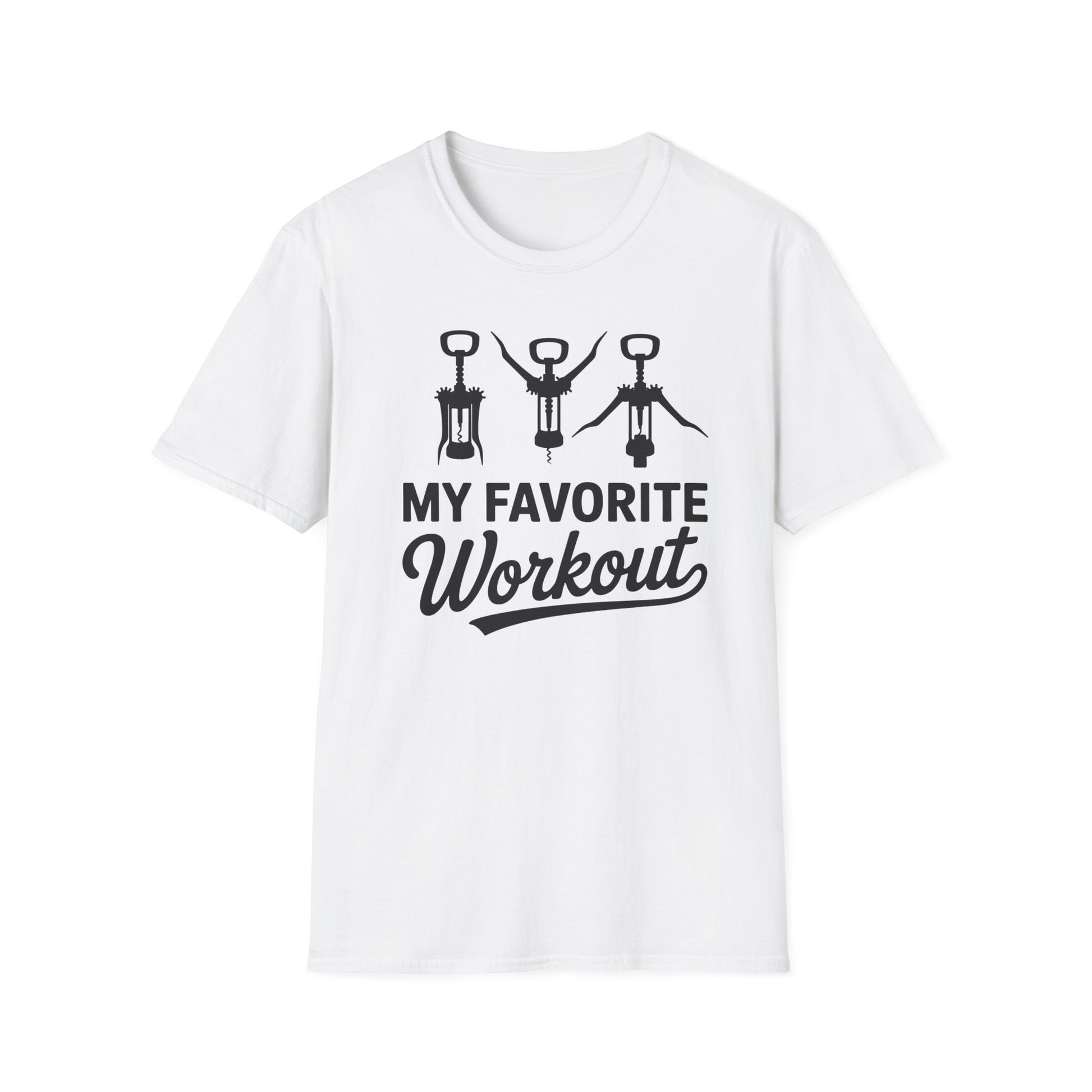Weißes T-Shirt mit schwarzem Aufdruck „My Favorite Workout“ und drei Korkenzieher-Motiven – lustiges Funshirt für Weinliebhaber und Genießer