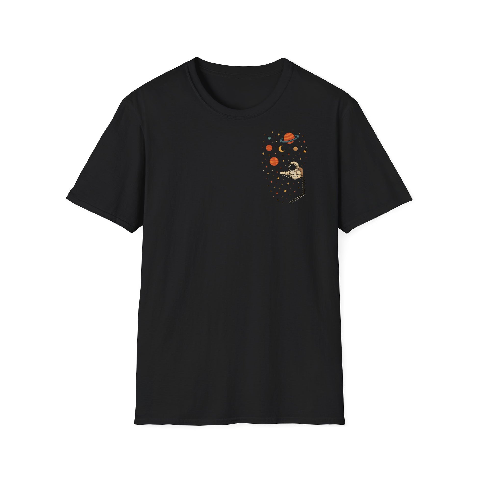 Schwarzes Astronauten T-Shirt mit Weltall und Planeten im Brusttaschen-Look – Unisex Shirt für Weltraum- und Sci-Fi-Fans