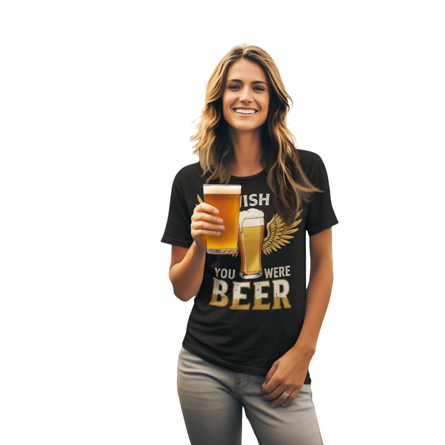 Frau mit Bier in der Hand trägt Schwarzes Unisex T-Shirt mit Aufdruck „Wish You Were Beer“ und Illustration eines Bierglases mit goldenen Flügeln – lustiges Party & Festival Shirt für Bierliebhaber
