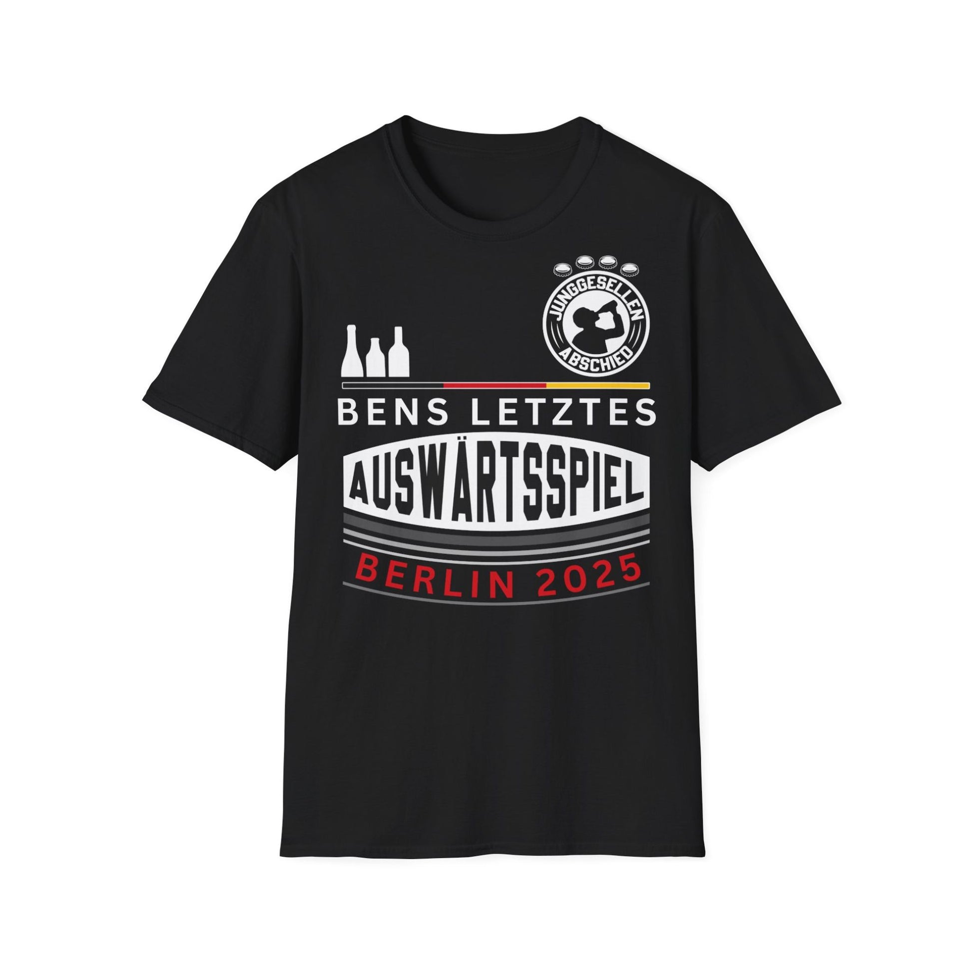Schwarzes Tshirt für die Freunde des Bräutigams "Bens letztes Auswärtsspiel" Trikot Design 