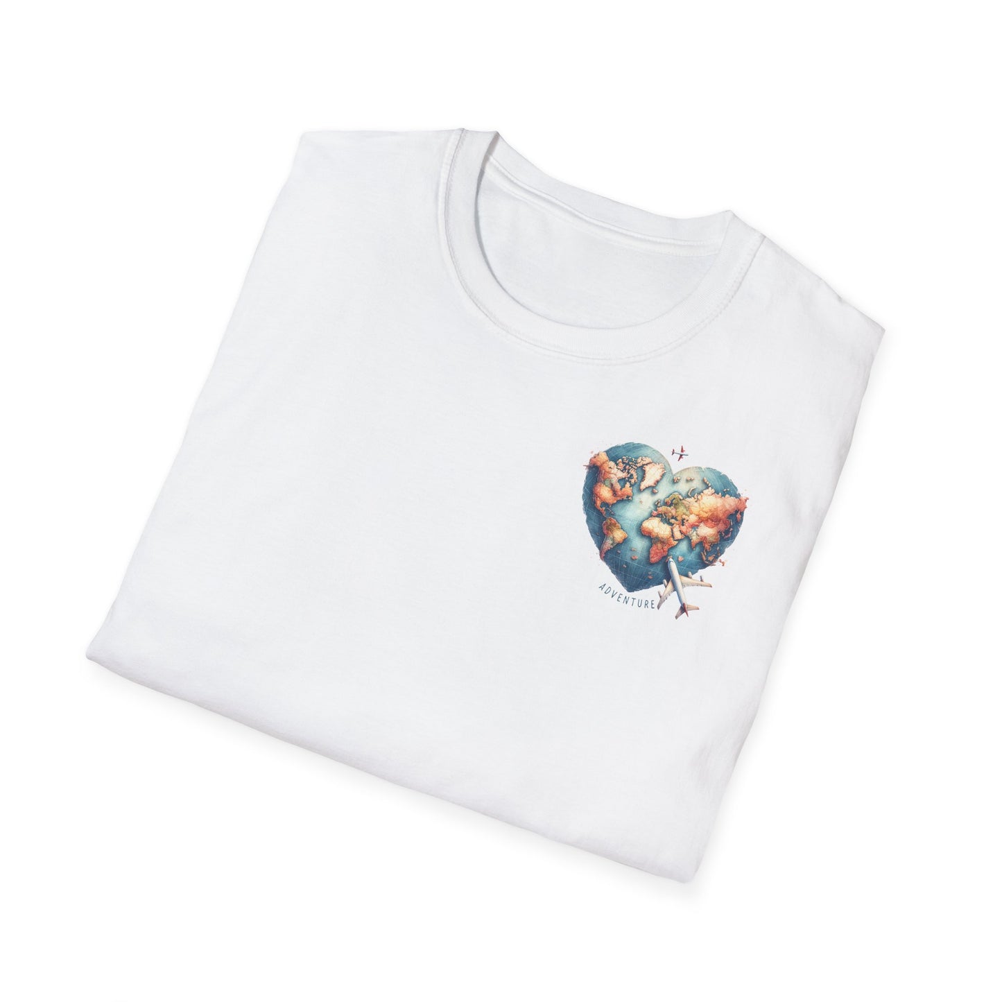 Adventure T-Shirt – Herz-Weltkarte & Flugzeug | Unisex Reiseshirt