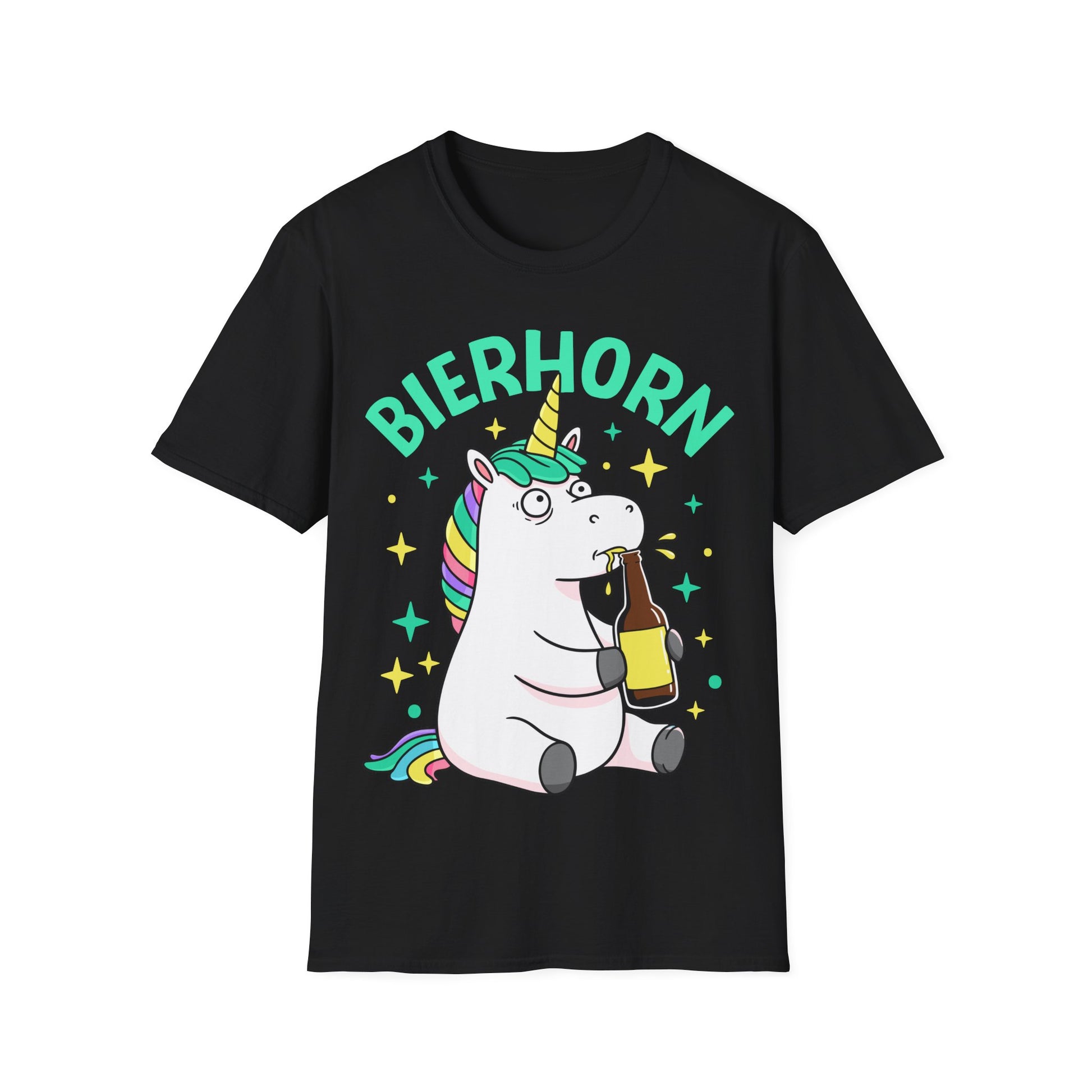 Schwarzes Unisex T-Shirt mit bunter Einhorn-Illustration, das ein Bier trinkt und dem Schriftzug „Bierhorn“ – ideal für Partys und Festivals
