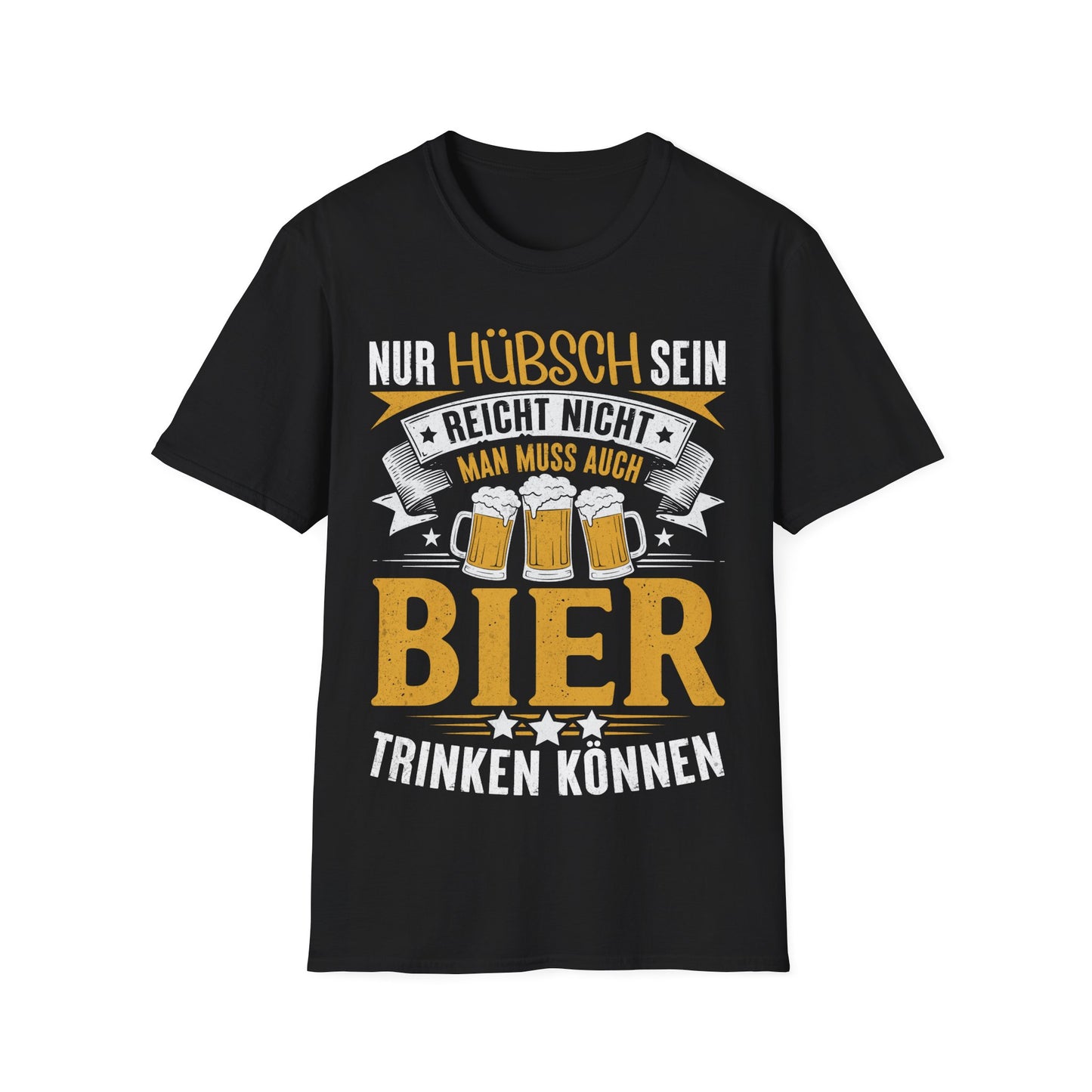 Schwarzes T-Shirt mit Aufdruck „Nur hübsch sein reicht nicht – man muss auch Bier trinken können“ und Bierkrug-Motiven – lustiges Funshirt für Bierliebhaber und Partygänger