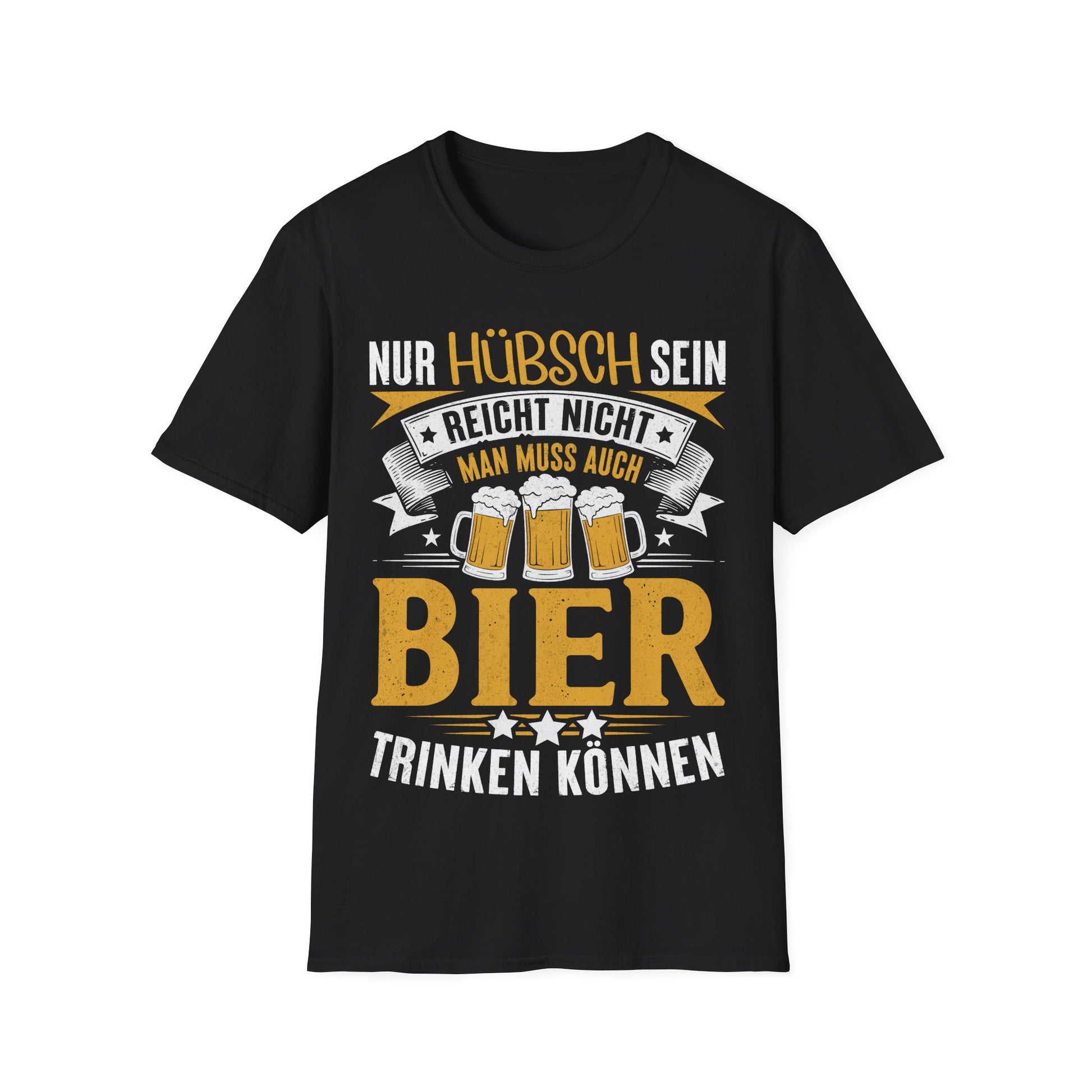 Schwarzes T-Shirt mit Aufdruck „Nur hübsch sein reicht nicht – man muss auch Bier trinken können“ und Bierkrug-Motiven – lustiges Funshirt für Bierliebhaber und Partygänger