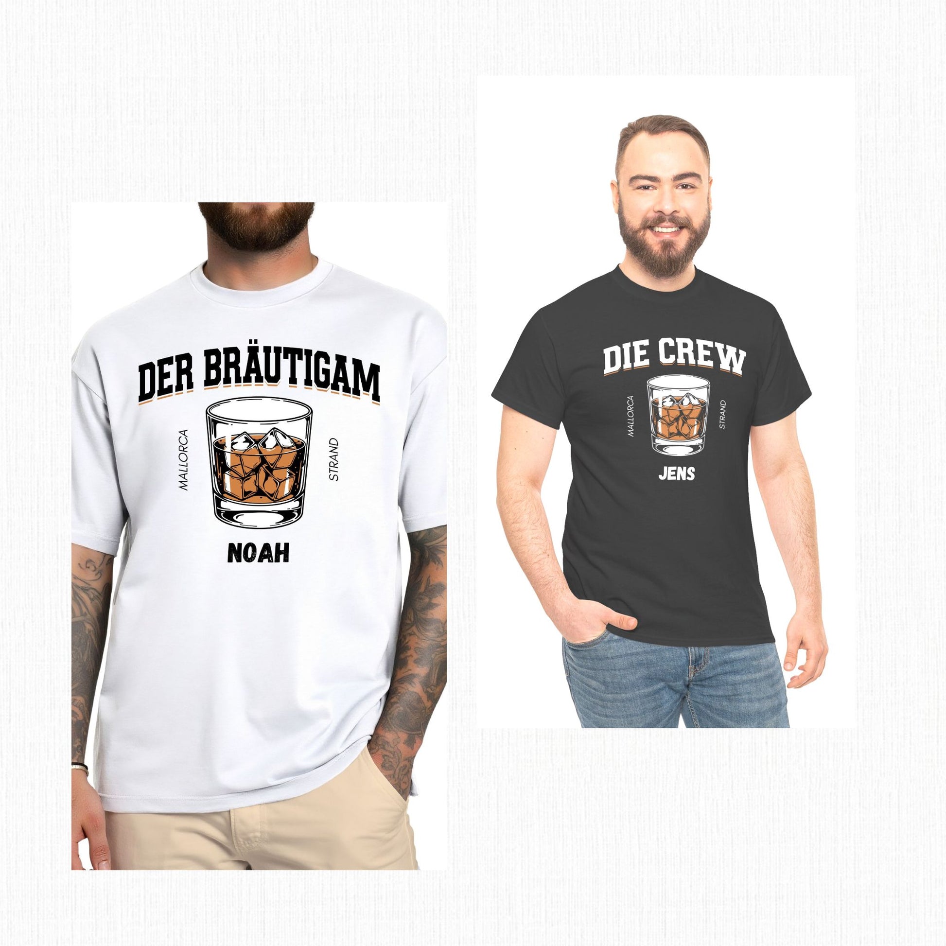 JGA Shirt Set für Männer – personalisierbare Shirts „Der Bräutigam“ und „Die Crew“ mit Namen und Ort, ideal für Mallorca, Strand und Party
