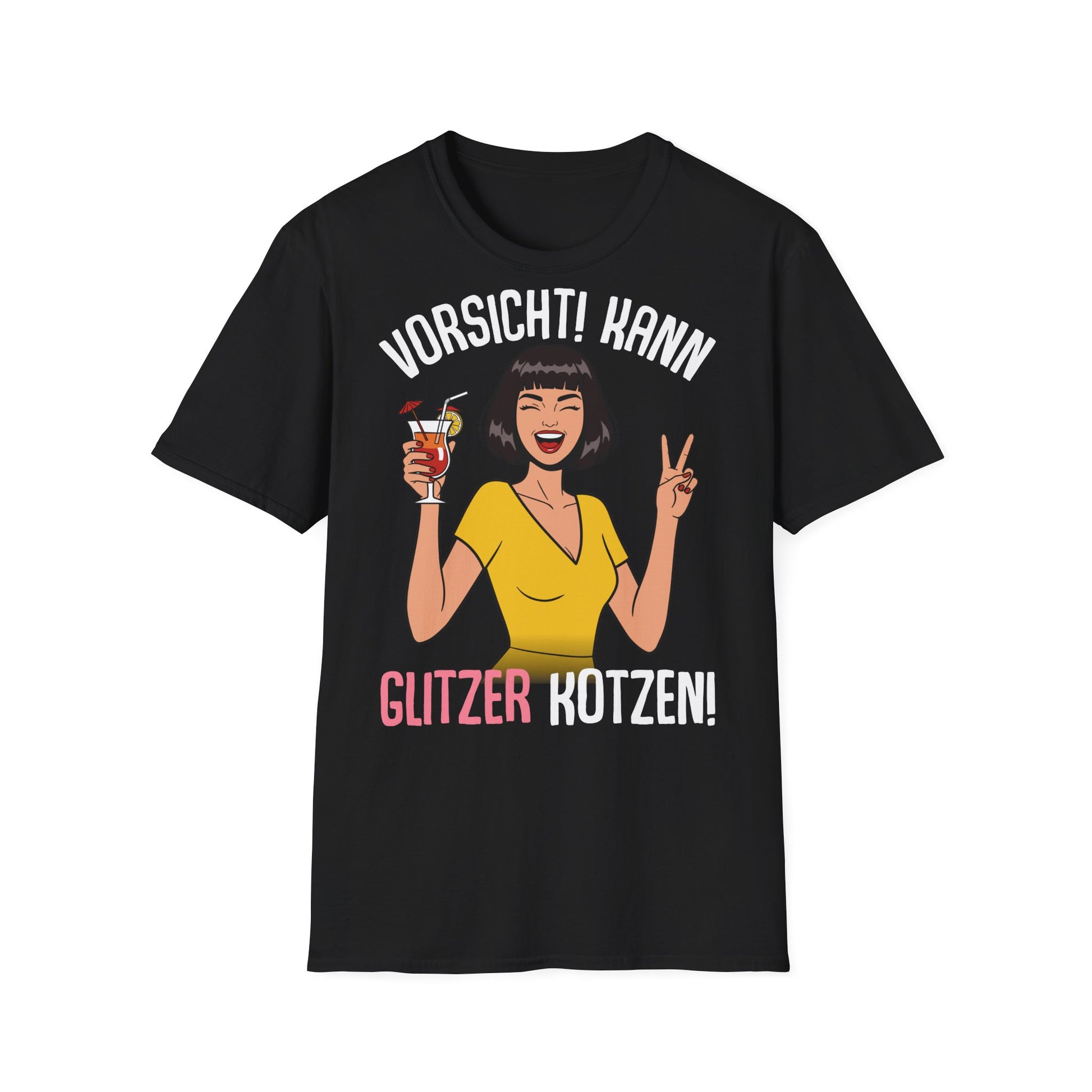 Schwarzes T-Shirt mit Comic-Frau im gelben Kleid und Spruch „Vorsicht! Kann Glitzer kotzen“ – lustiges Party Funshirt