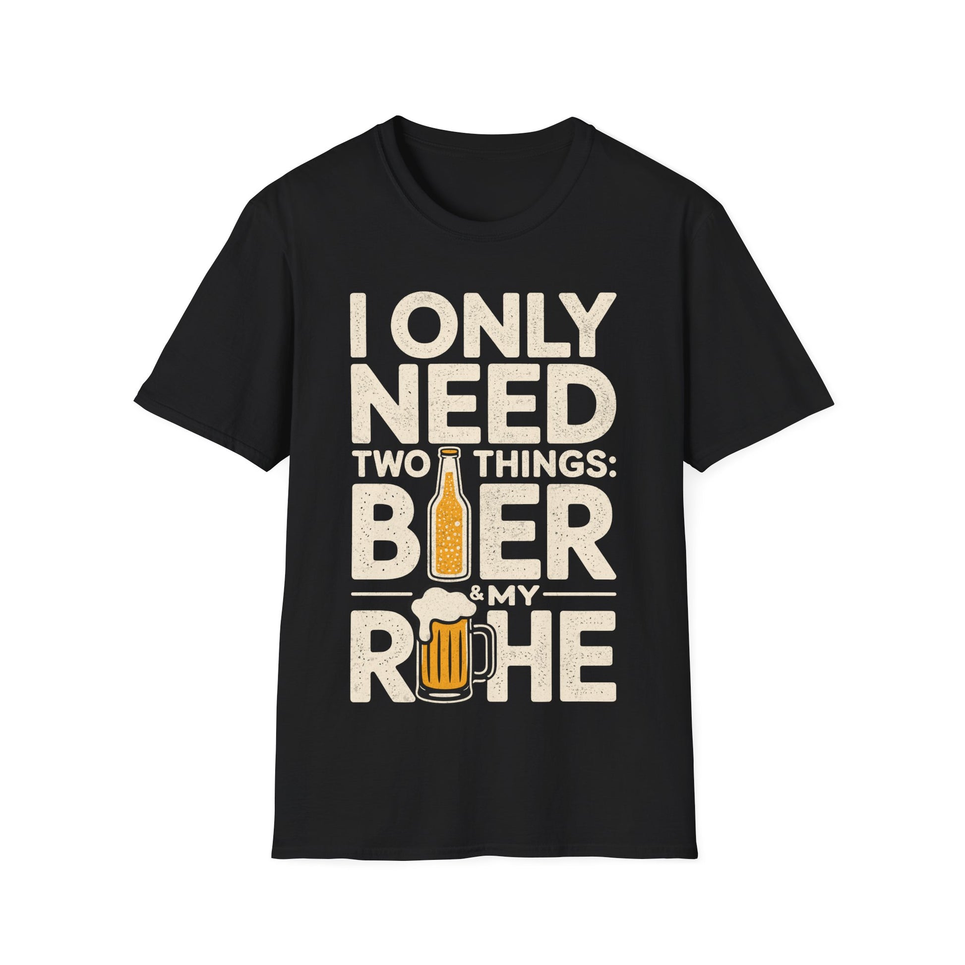 Schwarzes T-Shirt mit Aufdruck "I Only Need Two Things: Bier & My Ruhe" in Vintage-Optik – lustiges Bierliebhaber Shirt für Kneipe, Festival und Grillparty