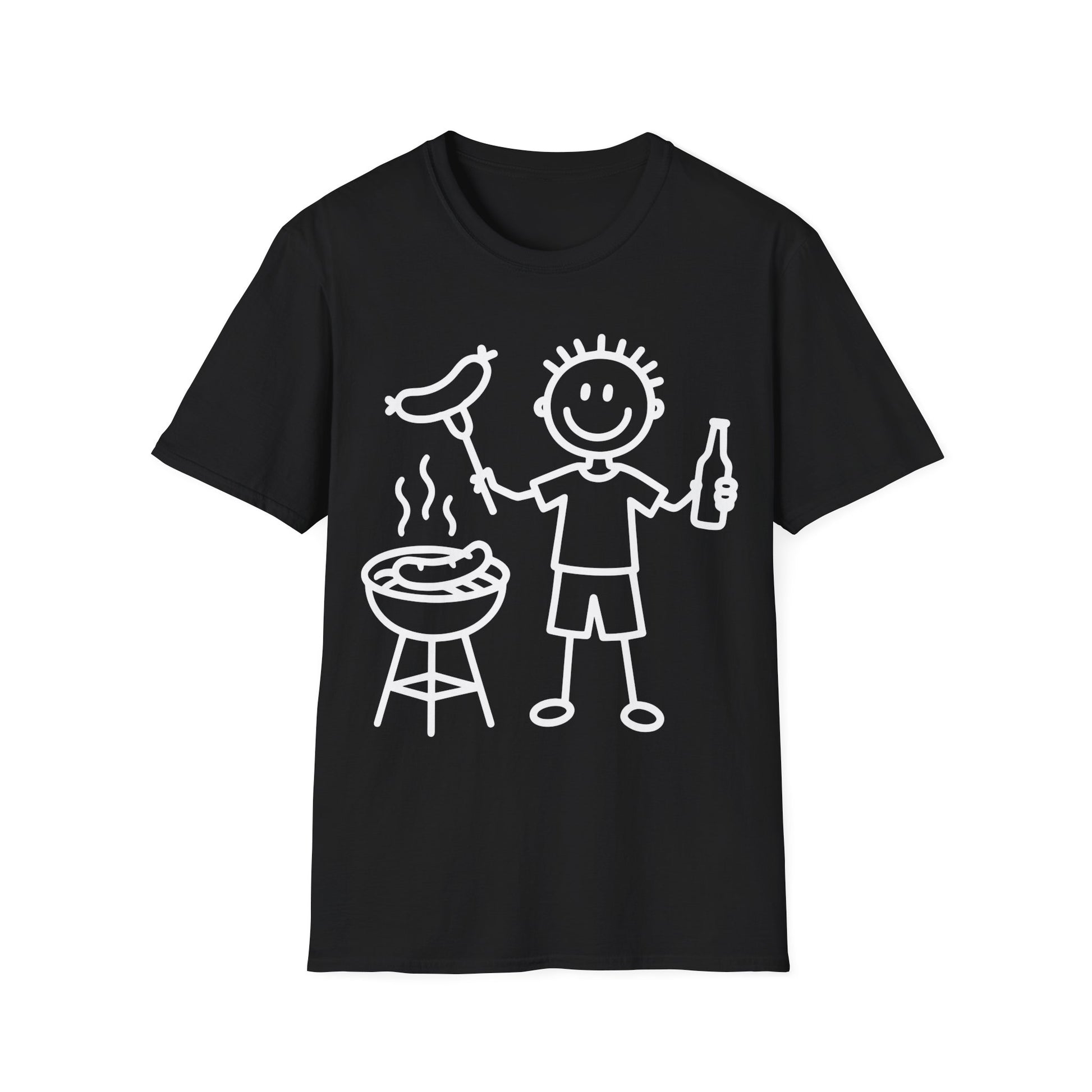 Schwarzes T-Shirt mit weißer Strichmännchen-Comiczeichnung eines Grillmeisters mit Bratwurst und Bierflasche – lustiges BBQ Shirt für Männer und Frauen