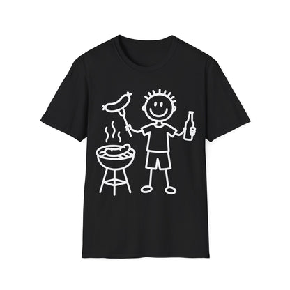 Schwarzes T-Shirt mit weißer Strichmännchen-Comiczeichnung eines Grillmeisters mit Bratwurst und Bierflasche – lustiges BBQ Shirt für Männer und Frauen