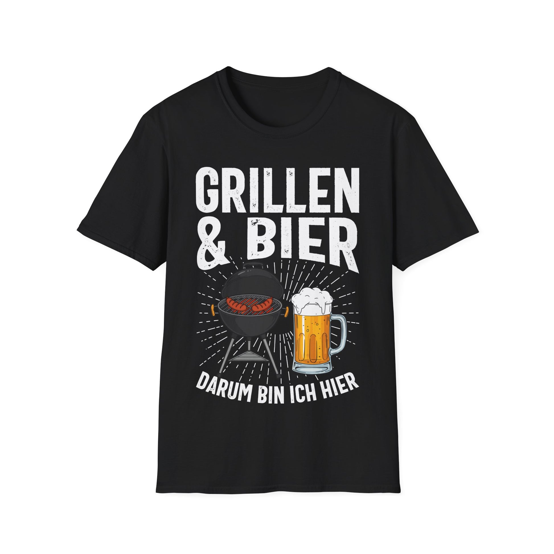 Schwarzes T-Shirt mit Aufdruck „Grillen & Bier – Darum bin ich hier“ und Motiv mit Grill und Bierkrug – witziges Männer-Shirt für BBQ & Partys