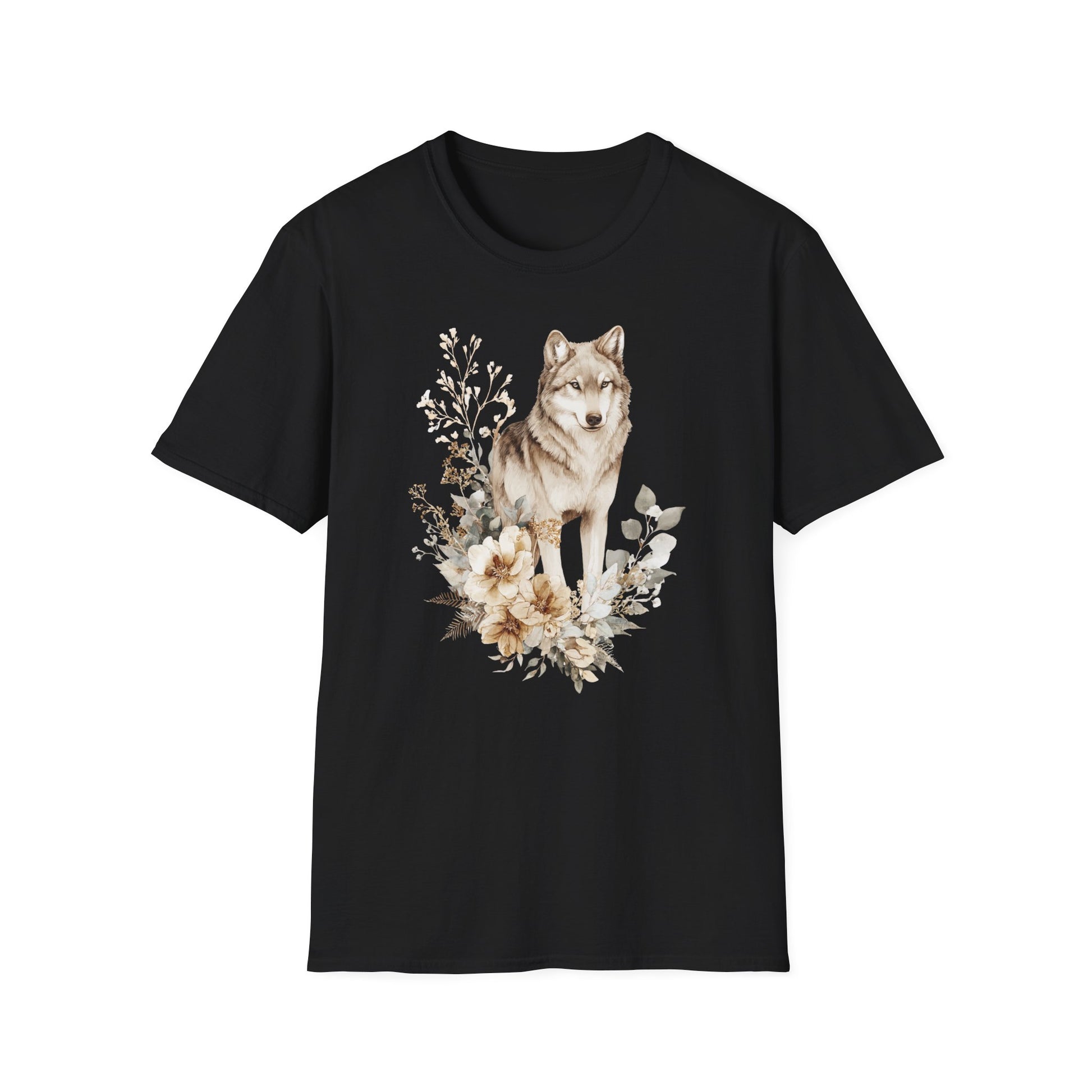 schwarzes T-Shirt mit realistischem Wolf-Motiv und floraler Illustration – Wildlife & Natur Design
