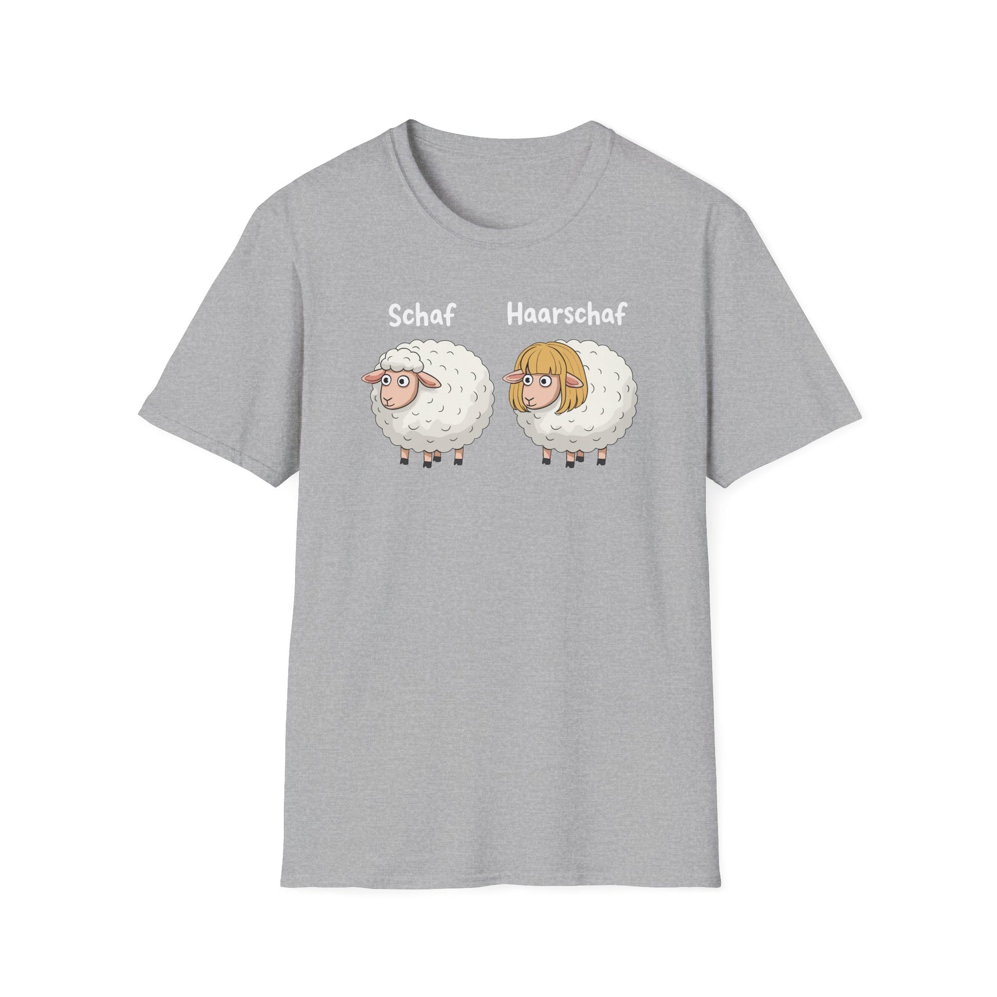 graues T-Shirt mit Comic-Motiv „Schaf“ und „Haarschaf“ – lustiges Wortspiel für Humor- und Tierliebhaber, Unisex

