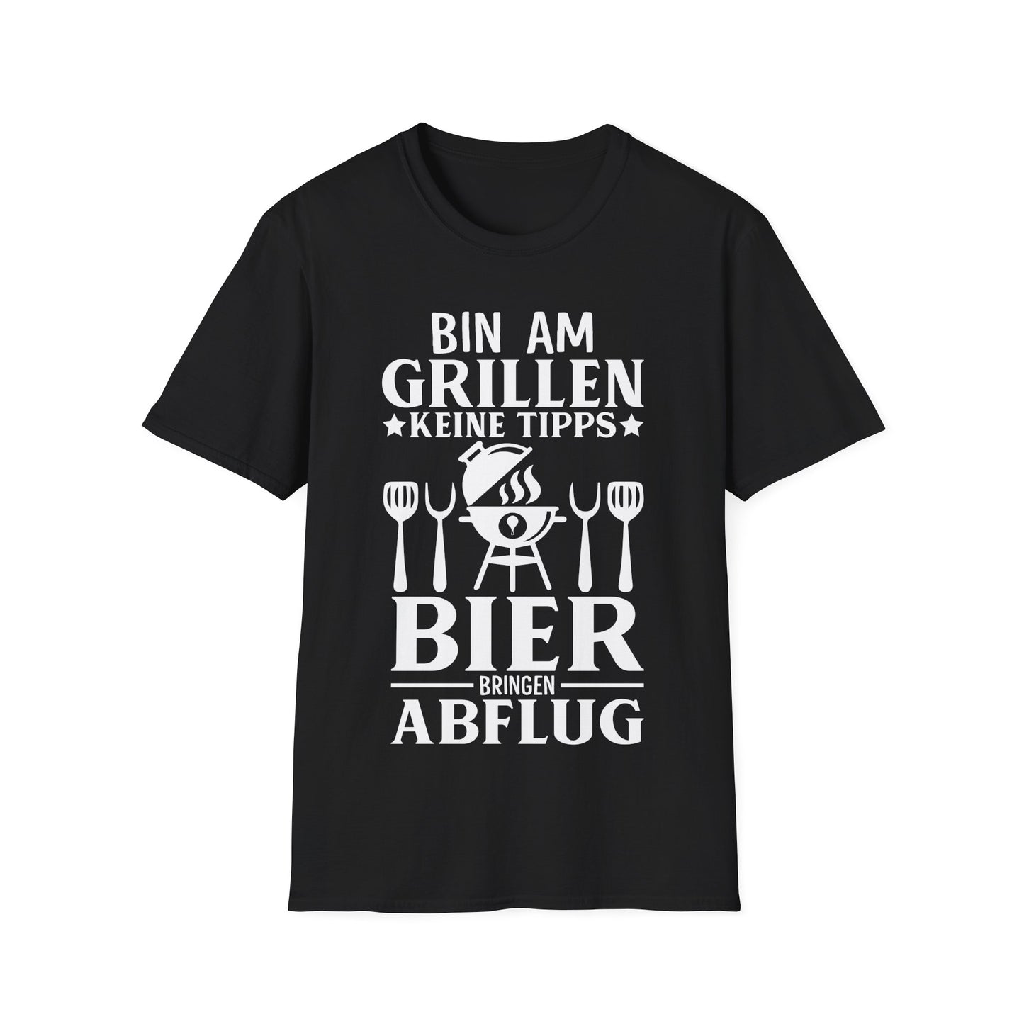 Lustiges BBQ T-Shirt in Schwarz mit Spruch „Bin am Grillen – Keine Tipps, Bier bringen, Abflug“ für Männer und Frauen