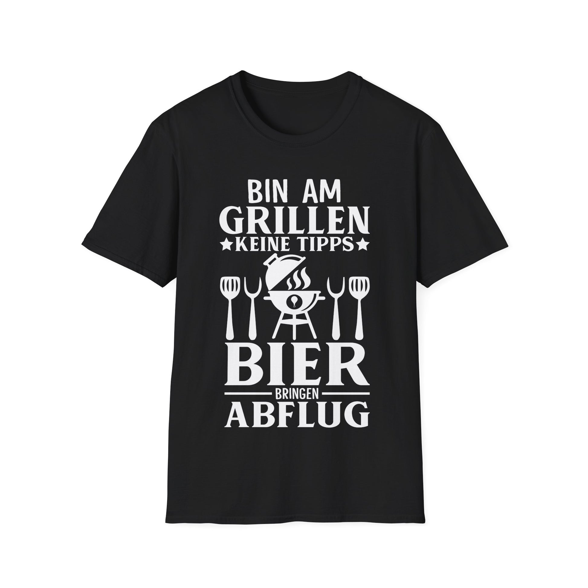 Lustiges BBQ T-Shirt in Schwarz mit Spruch „Bin am Grillen – Keine Tipps, Bier bringen, Abflug“ für Männer und Frauen