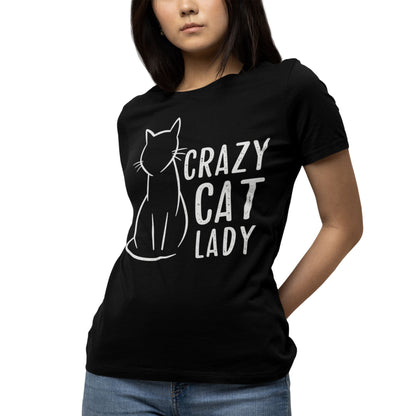 Schwarzes Damen-T-Shirt mit weißem „Crazy Cat Lady“-Schriftzug und minimalistischem Katzen-Motiv – ideal für Katzenliebhaberinnen