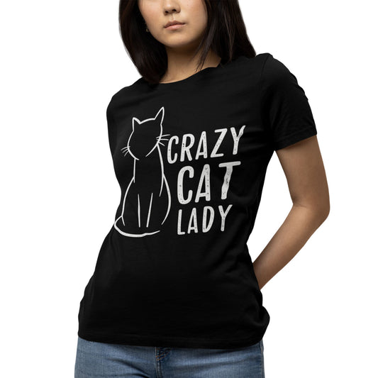 Schwarzes Damen-T-Shirt mit weißem „Crazy Cat Lady“-Schriftzug und minimalistischem Katzen-Motiv – ideal für Katzenliebhaberinnen