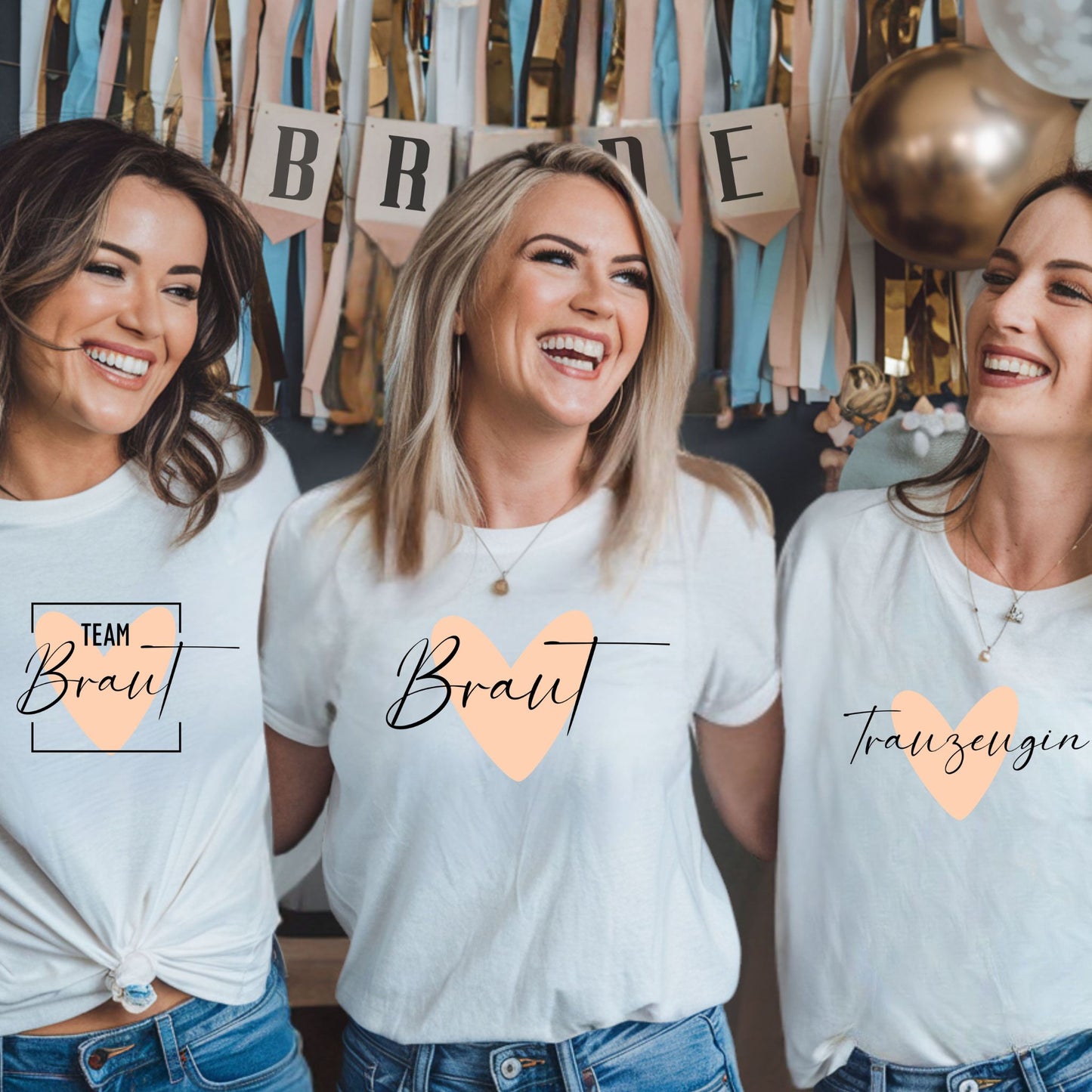 JGA Shirt Set für Frauen in Weiß mit dezentem Herz-Design – für Braut, Trauzeugin und Team Braut im minimalistischen, eleganten Stil

