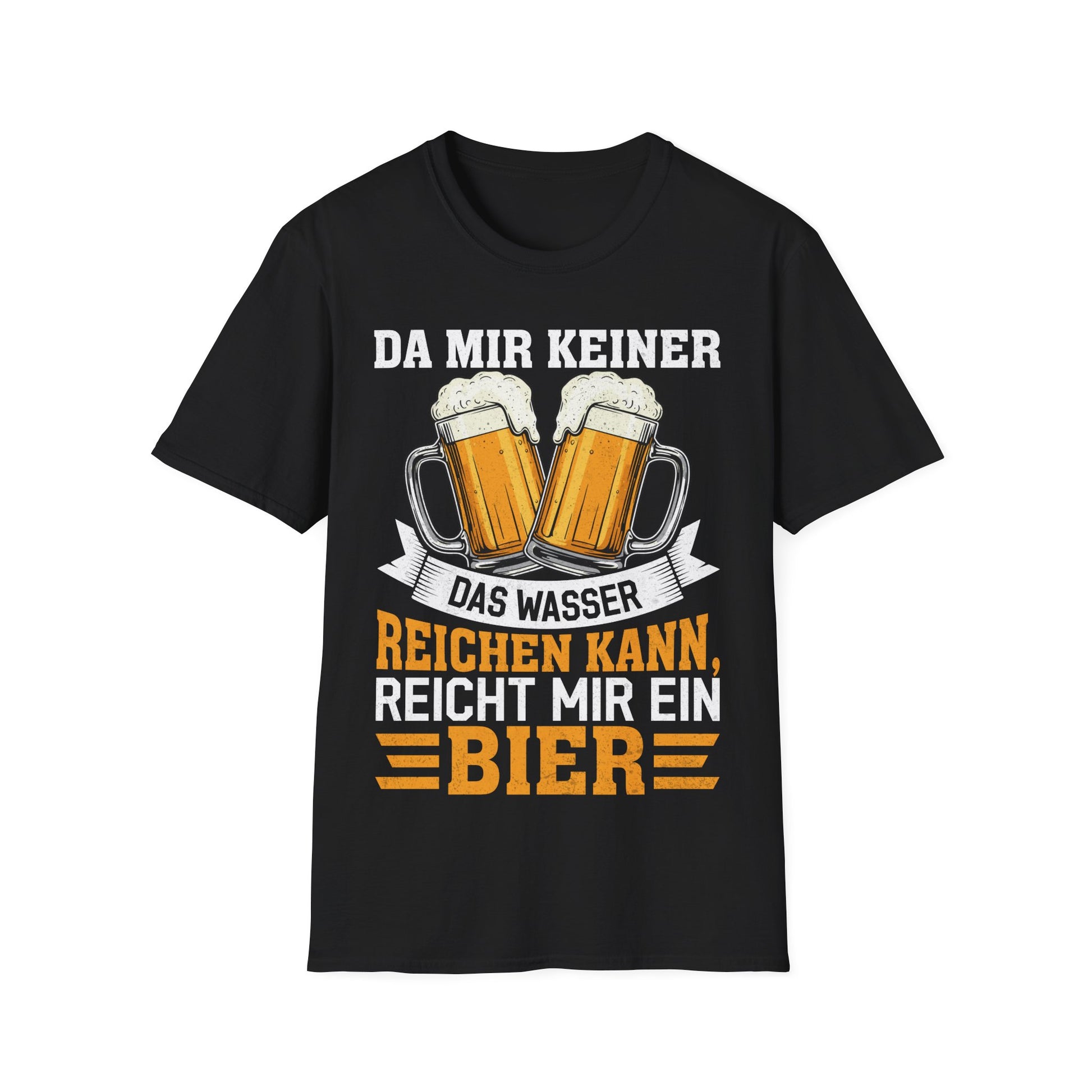 Schwarzes T-Shirt mit Spruch „Da mir keiner das Wasser reichen kann, reicht mir ein Bier“ – Zwei Bierkrüge – Lustiges Partyshirt für Männer