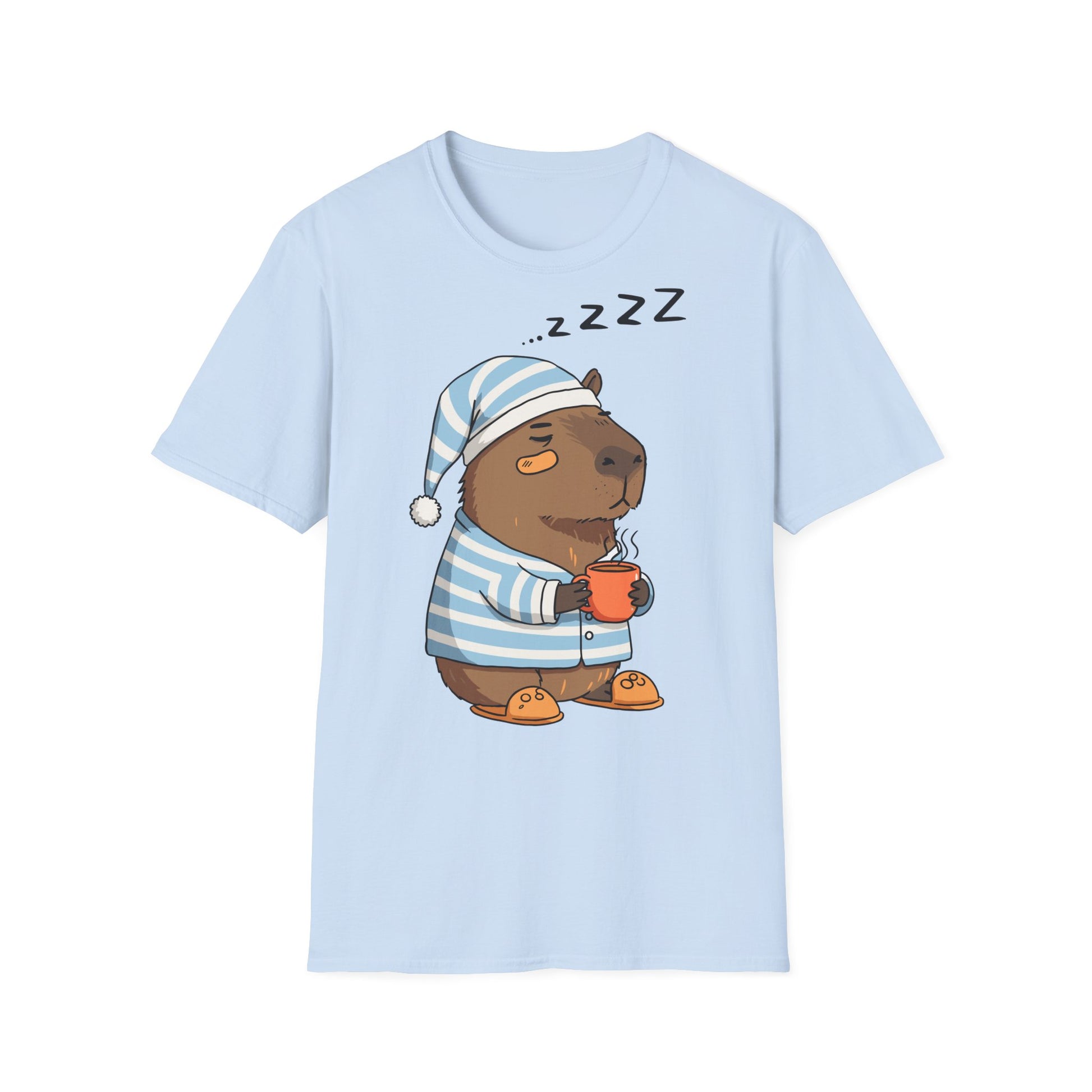 Hellblaues Capybara Schlafshirt – Süßes Pyjama T-Shirt mit schlafendem Capybara, Tasse Tee und gestreiftem Schlafanzug – Unisex Nachtshirt für Damen & Herren