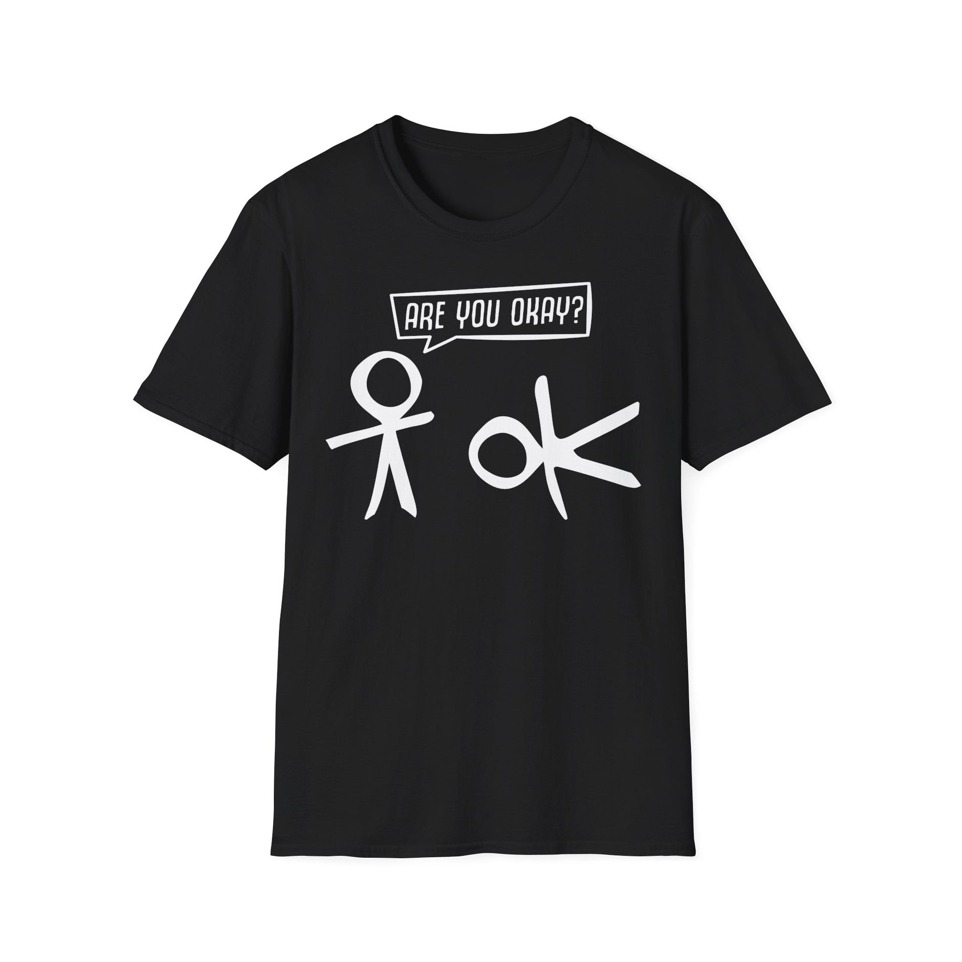 Schwarzes T-Shirt mit Strichmännchen und Spruch „Are You Okay?“ – Lustiges Funshirt für Männer und Frauen