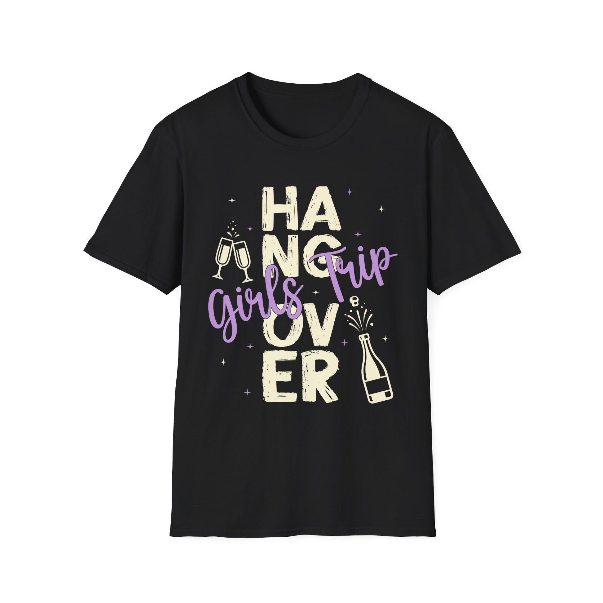 Schwarzes T-Shirt mit Aufdruck „Hangover Girls Trip“ in Weiß und Flieder – Partyshirt im Unisex-Schnitt für Damen im Gruppen-Look