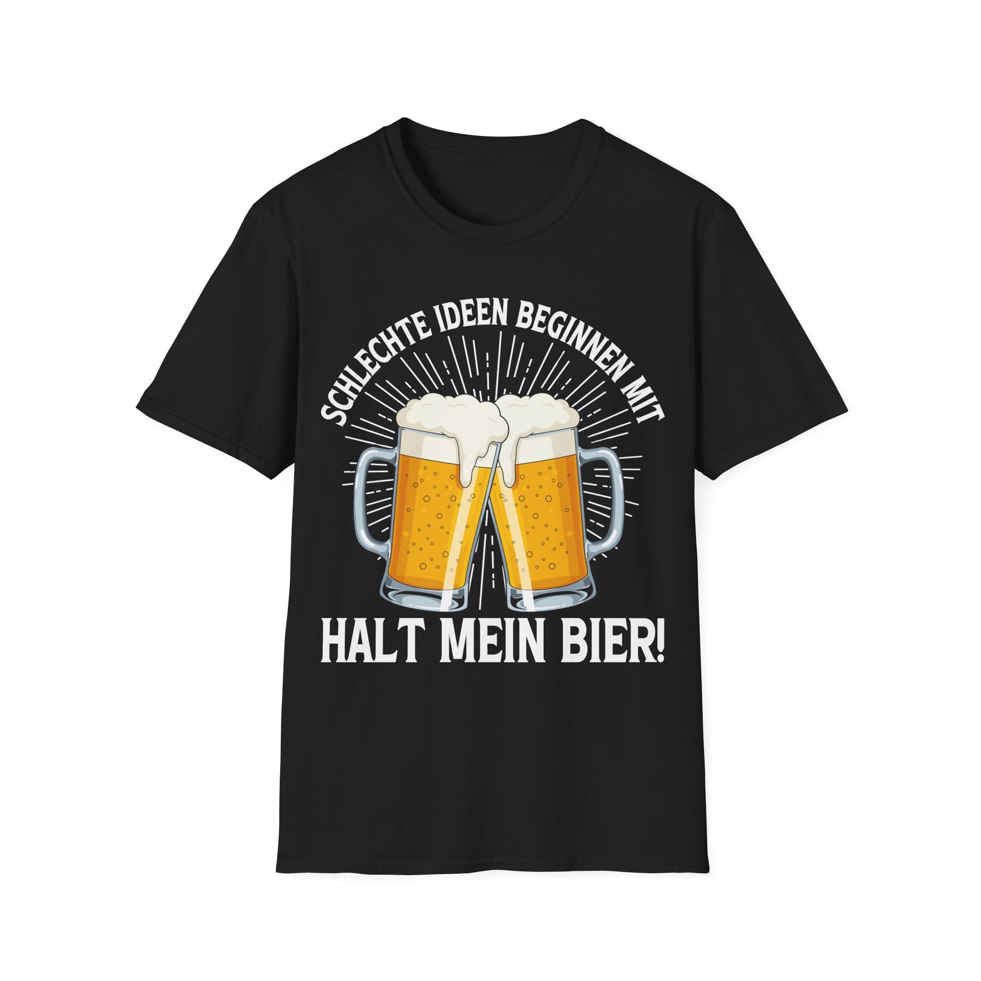 Schwarzes T-Shirt mit zwei anstoßenden Bierkrügen und dem Spruch „Schlechte Ideen beginnen mit: Halt mein Bier!“