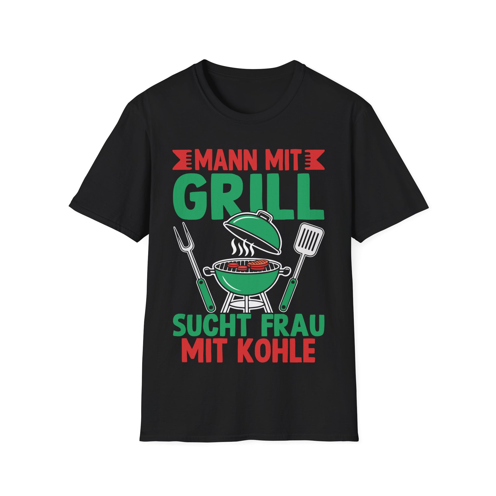 Schwarzes T-Shirt mit Grill und Grillbesteck sowie dem Spruch „Mann mit Grill sucht Frau mit Kohle“ – witziges BBQ-Shirt für Männer

