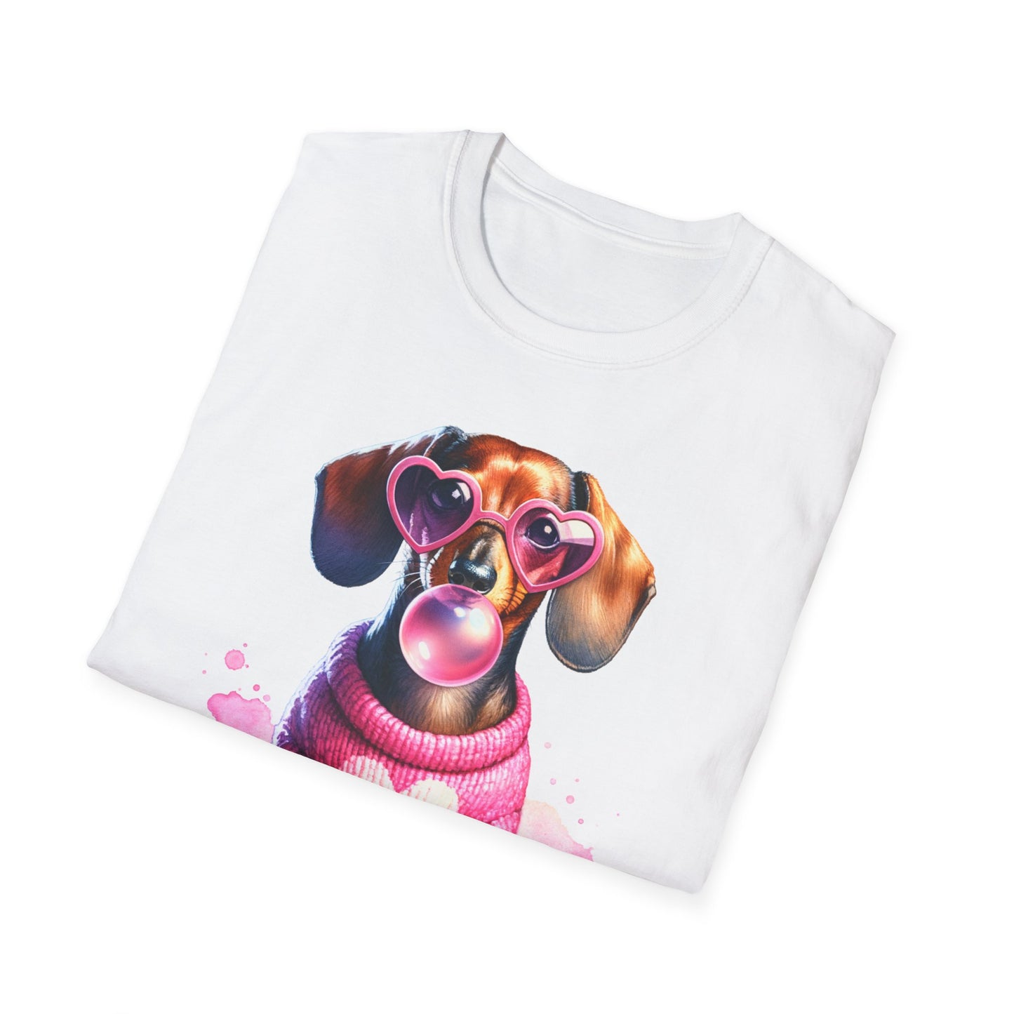 gefaltenes weißes Dackel T-Shirt mit rosa Herz-Pullover, Herzbrille und Bubblegum-Motiv – süßes Geschenk für Hundeliebhaber