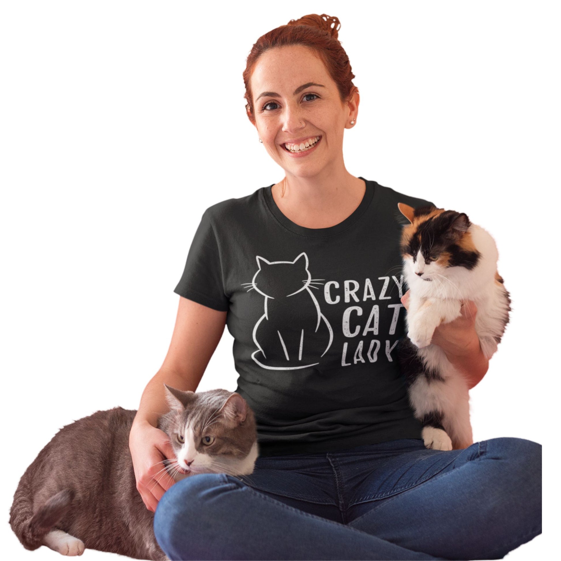 Schwarzes Damen-T-Shirt mit weißem „Crazy Cat Lady“-Schriftzug und minimalistischem Katzen-Motiv – ideal für Katzenliebhaberinnen