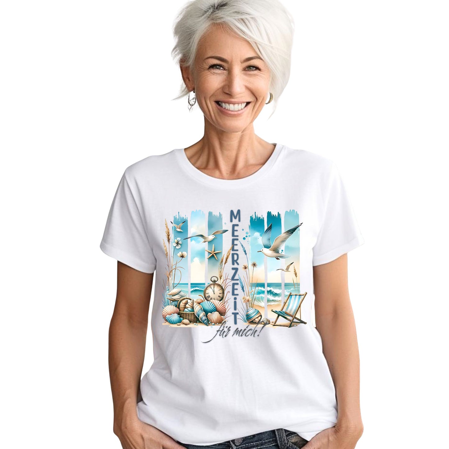 Damen T-Shirt Meerzeit für mich – Maritimes Design. Zeit für dich & das Meer ✓ Muscheln, Möwen & Wortspiel