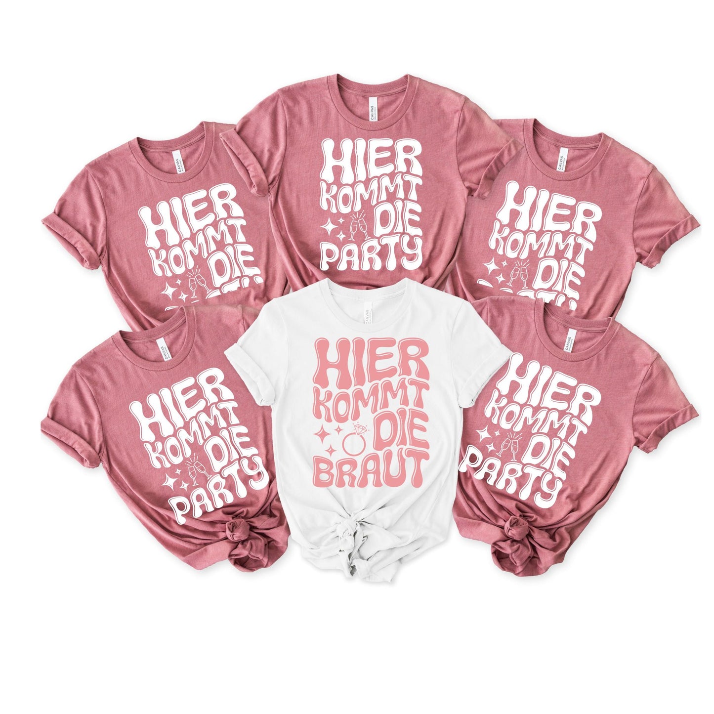 JGA Shirt Set für Frauen mit Aufdruck „Hier kommt die Braut“ in Weiß und „Hier kommt die Party“ in Rosé – perfekt für den Junggesellinnenabschied