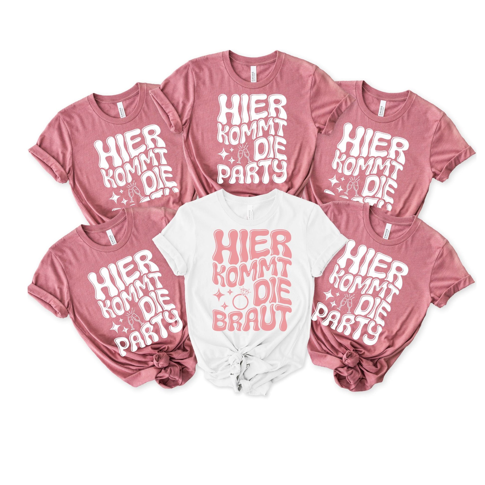 JGA Shirt Set für Frauen mit Aufdruck „Hier kommt die Braut“ in Weiß und „Hier kommt die Party“ in Rosé – perfekt für den Junggesellinnenabschied