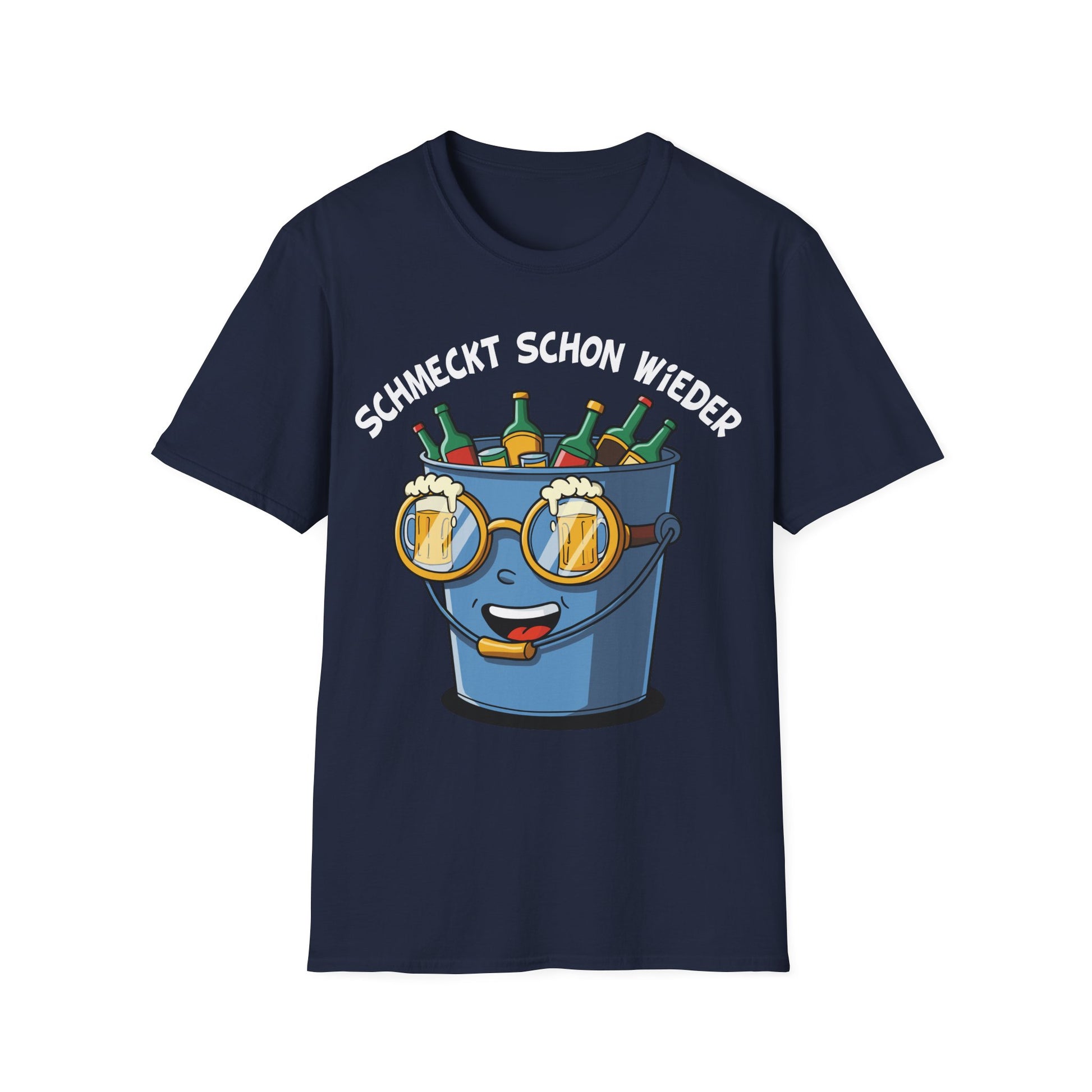 Navy  T-Shirt mit Saufeimer-Comic und Spruch „Schmeckt schon wieder“ – lustiges Unisex Partyshirt für Ballermann & Festival