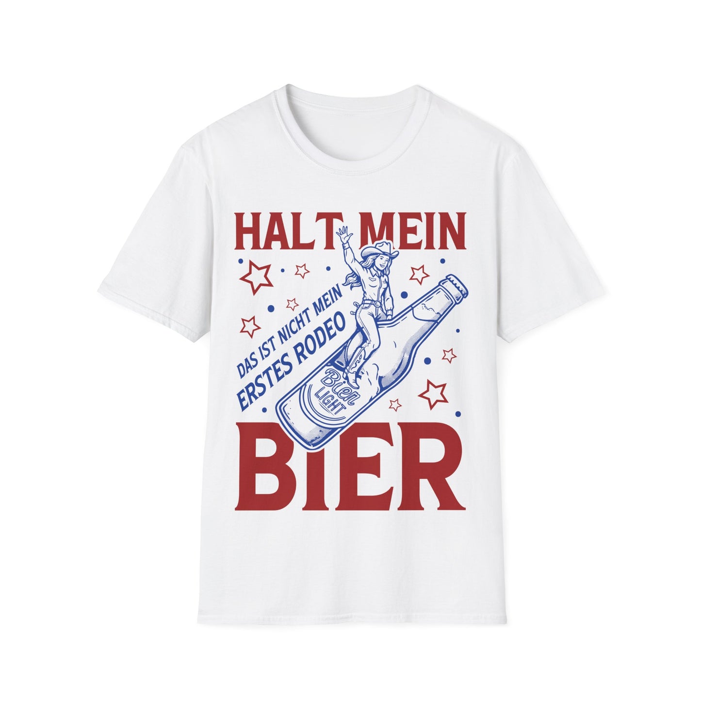 Weißes Damen T-Shirt im Unisex-Schnitt mit Aufdruck „Halt mein Bier – Das ist nicht mein erstes Rodeo“ und Illustration einer Rodeo-Reiterin auf einer Bierflasche – lustiges Partyshirt für Bierliebhaber