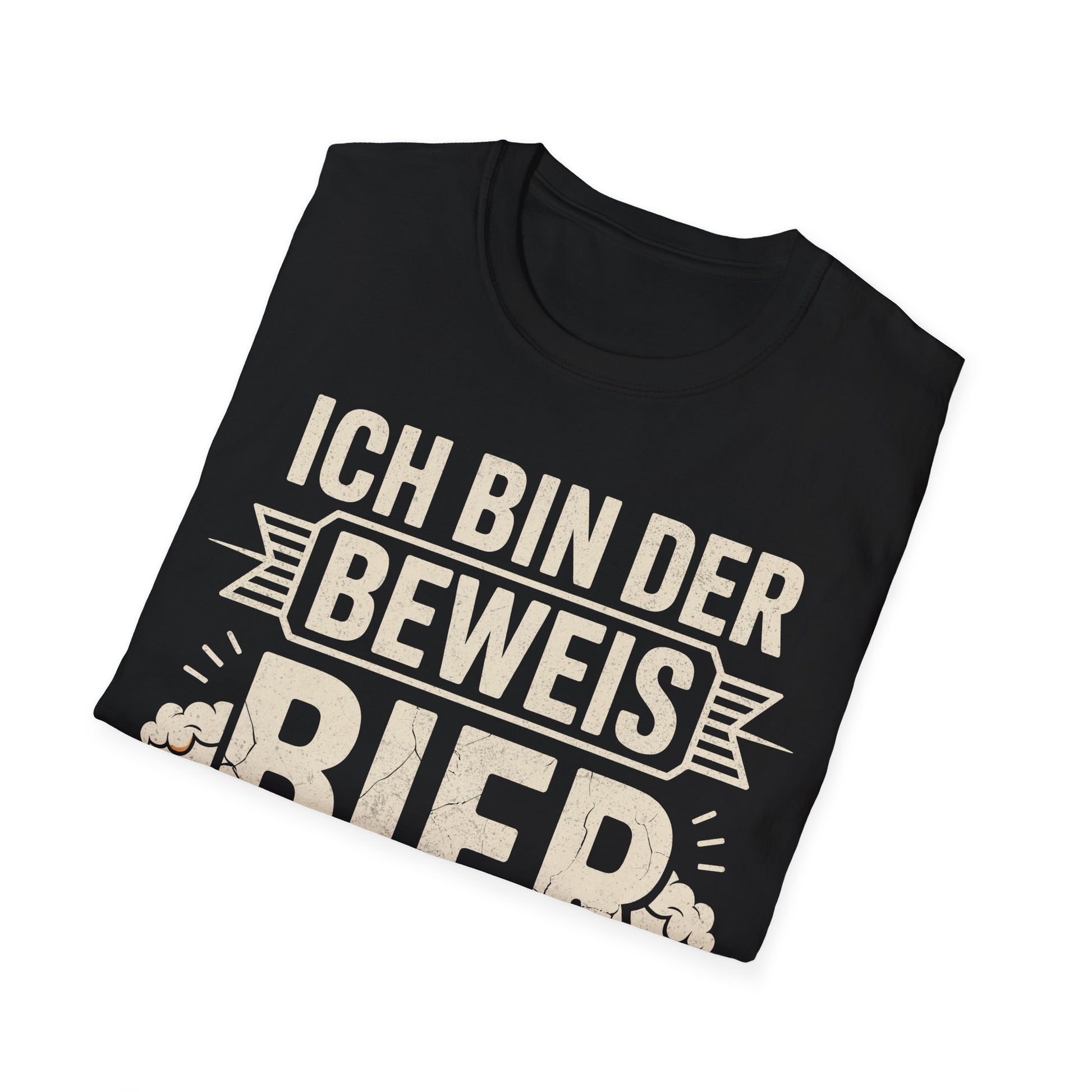 Schwarzes T-Shirt mit Aufdruck "Ich bin der Beweis – Bier macht schön" und zwei Bierkrügen – lustiges Partyshirt für Kneipe, Festival und Ballermann

 gefaltenes Shirt - erkennbar ist die Druckqualität 