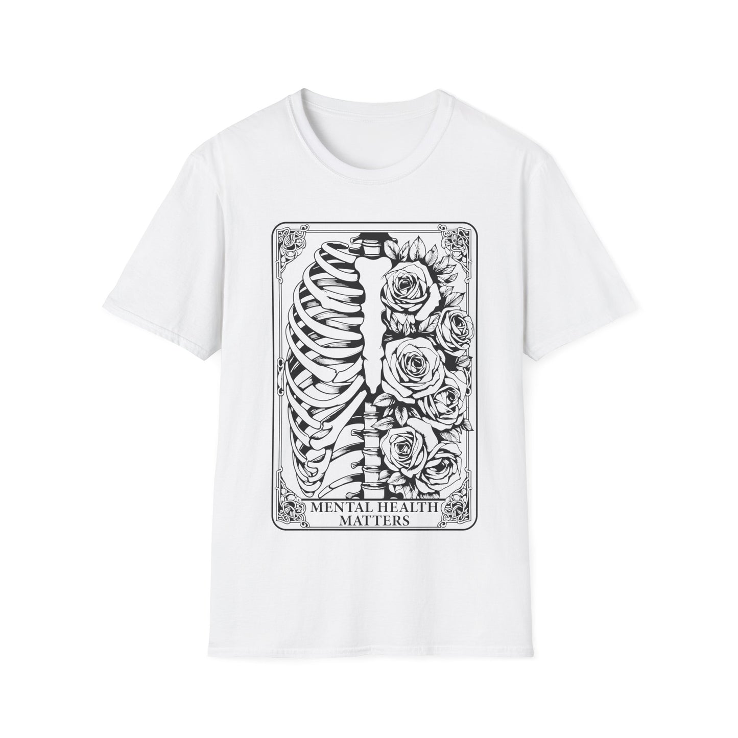 Cooles T-Shirt mit Skelett und Rosen, ideal für Fans von Tarot oder Gothic-Stil.