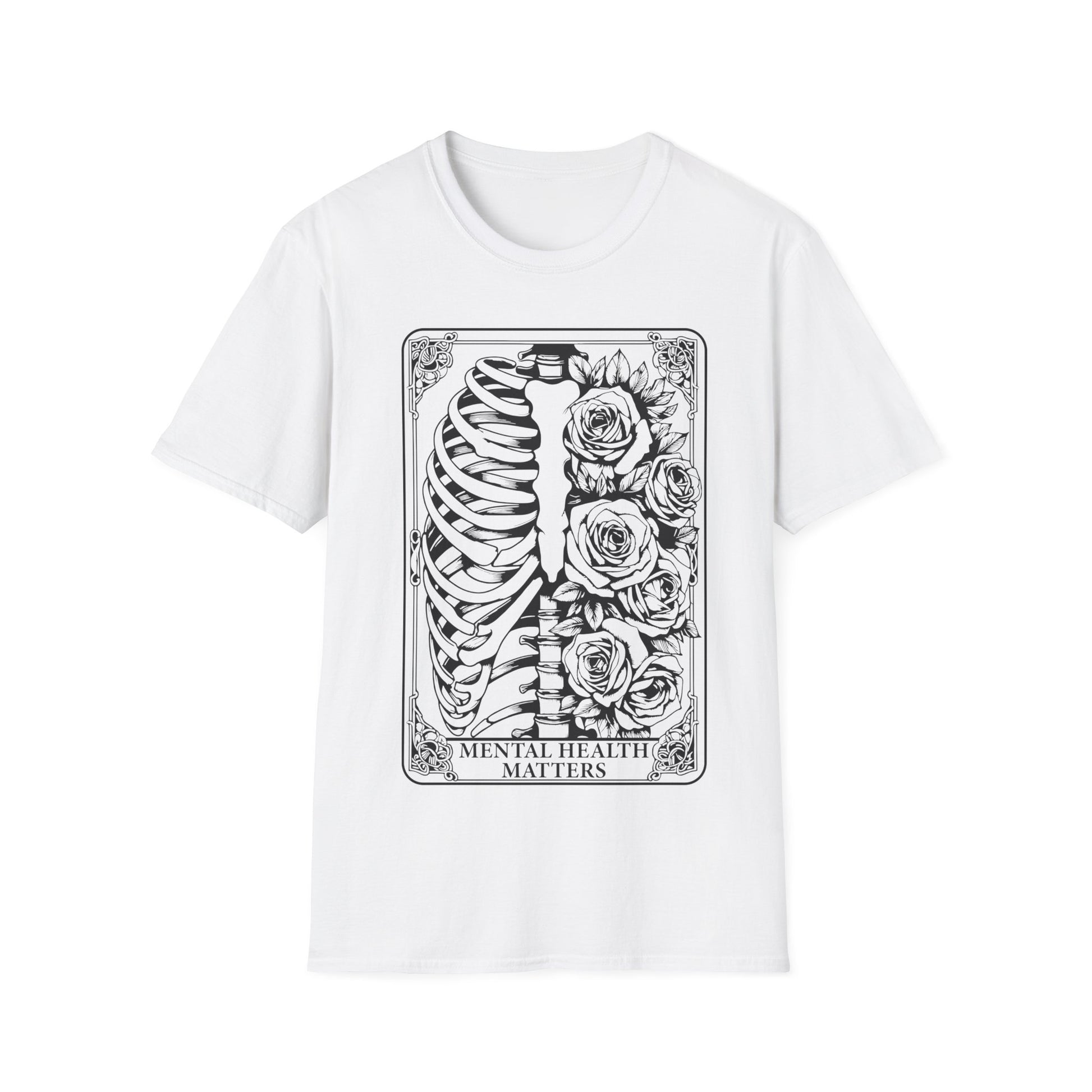 Cooles T-Shirt mit Skelett und Rosen, ideal für Fans von Tarot oder Gothic-Stil.