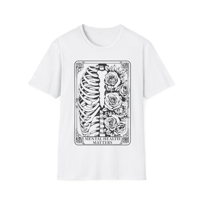 Cooles T-Shirt mit Skelett und Rosen, ideal für Fans von Tarot oder Gothic-Stil.