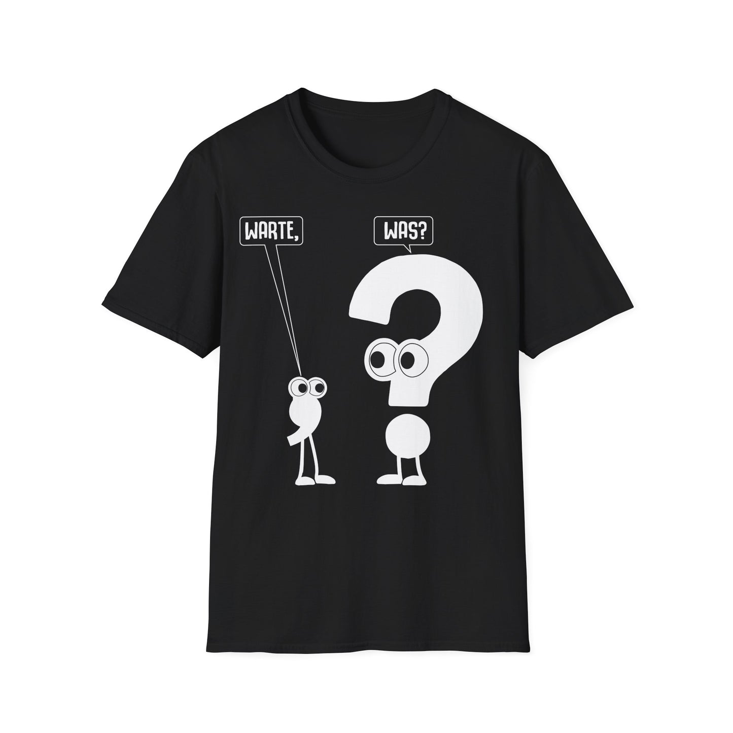 Schwarzes T-Shirt mit weißem Cartoon-Motiv „Warte, was?“ – Lustiges Sprüche Funshirt für Männer und Frauen