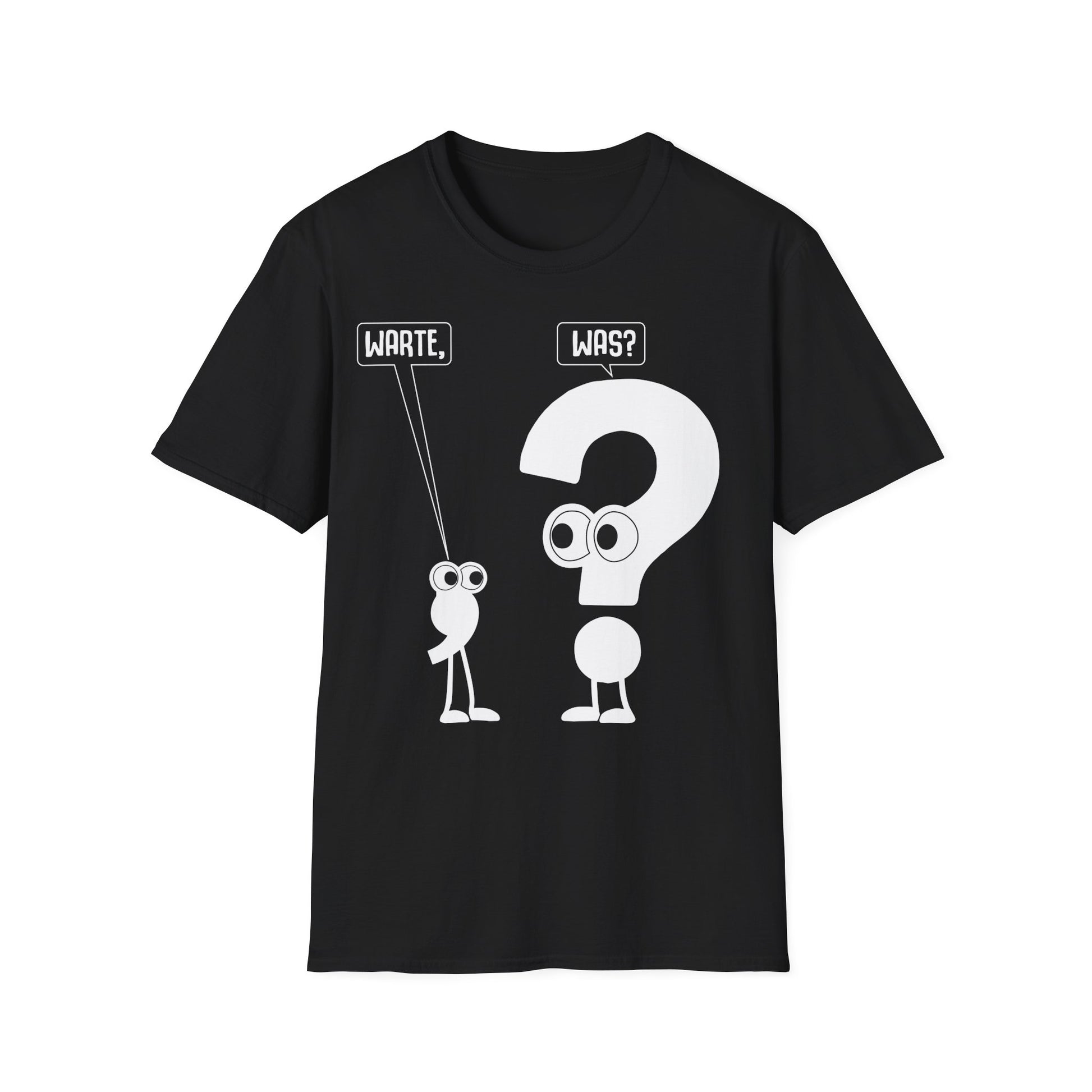 Schwarzes T-Shirt mit weißem Cartoon-Motiv „Warte, was?“ – Lustiges Sprüche Funshirt für Männer und Frauen