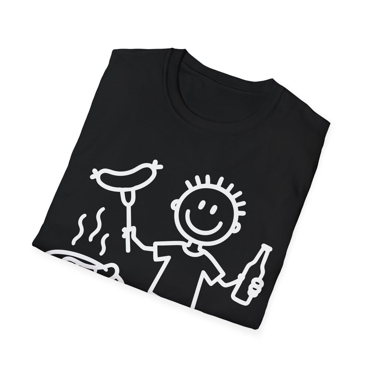 gefaltenes Shirt Schwarzes T-Shirt mit weißer Strichmännchen-Comiczeichnung eines Grillmeisters mit Bratwurst und Bierflasche – lustiges BBQ Shirt für Männer und Frauen