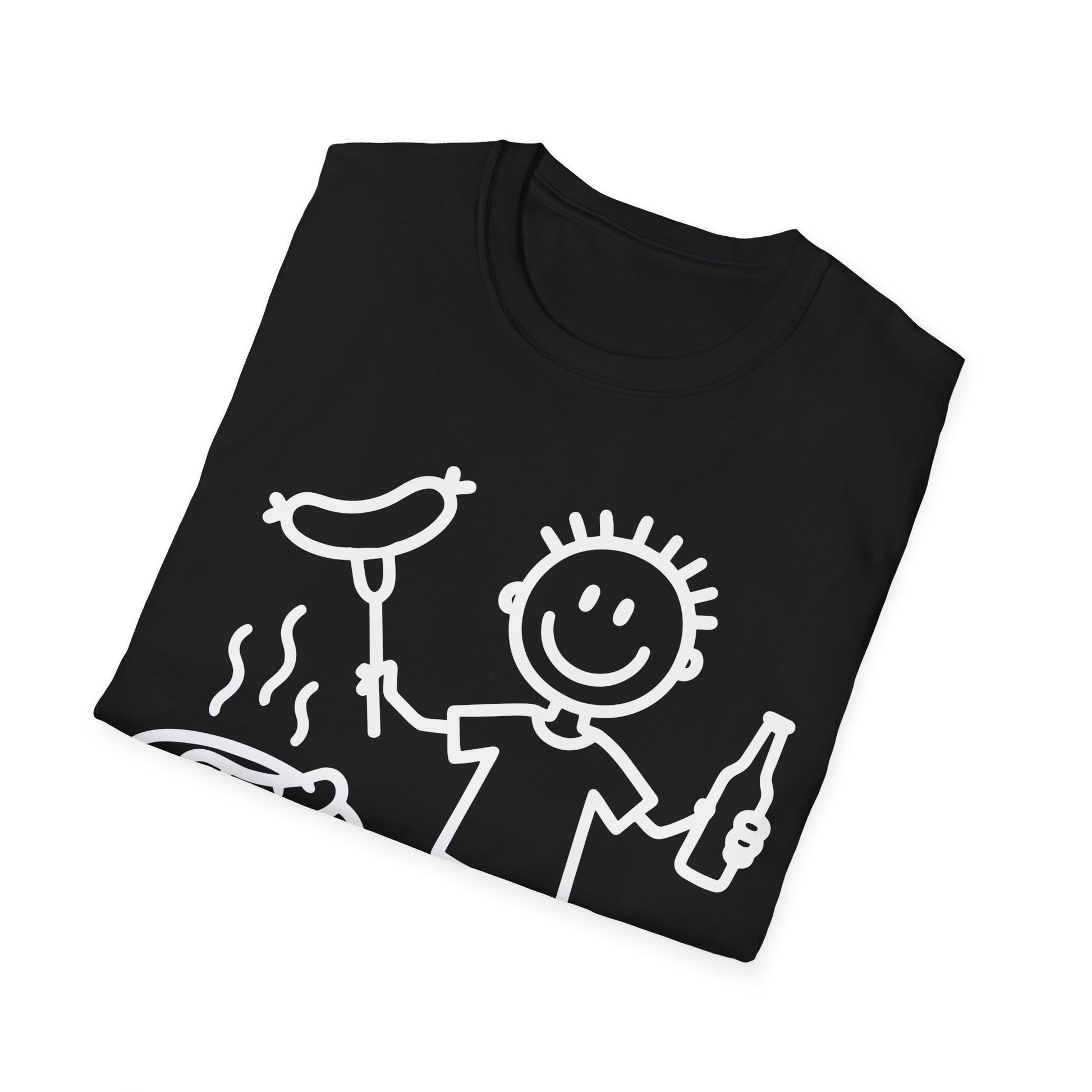 gefaltenes Shirt Schwarzes T-Shirt mit weißer Strichmännchen-Comiczeichnung eines Grillmeisters mit Bratwurst und Bierflasche – lustiges BBQ Shirt für Männer und Frauen