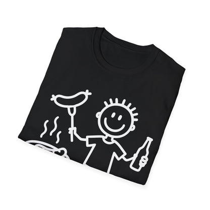 gefaltenes Shirt Schwarzes T-Shirt mit weißer Strichmännchen-Comiczeichnung eines Grillmeisters mit Bratwurst und Bierflasche – lustiges BBQ Shirt für Männer und Frauen