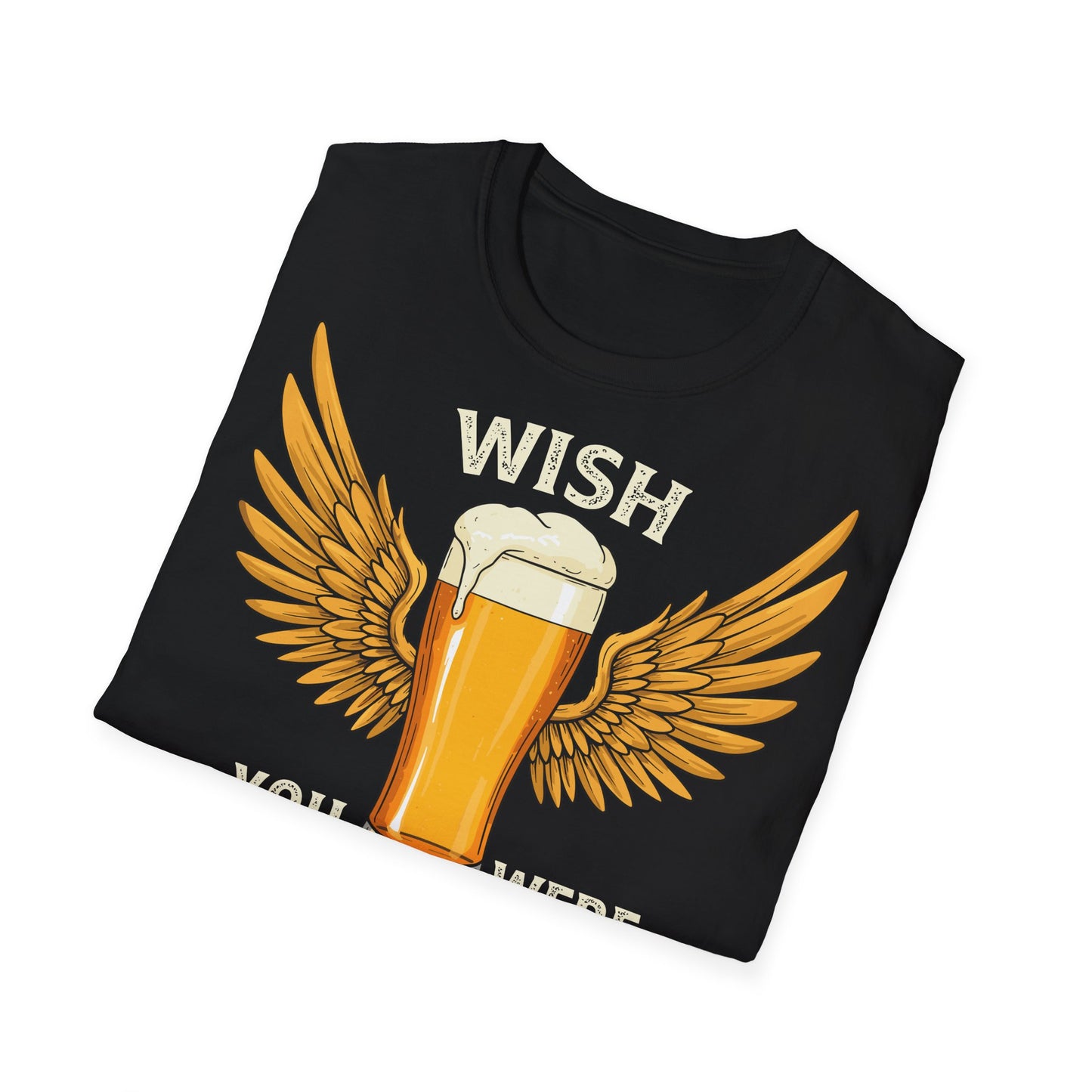 gefaltenes Schwarzes Unisex T-Shirt mit Aufdruck „Wish You Were Beer“ und Illustration eines Bierglases mit goldenen Flügeln – lustiges Party & Festival Shirt für Bierliebhaber