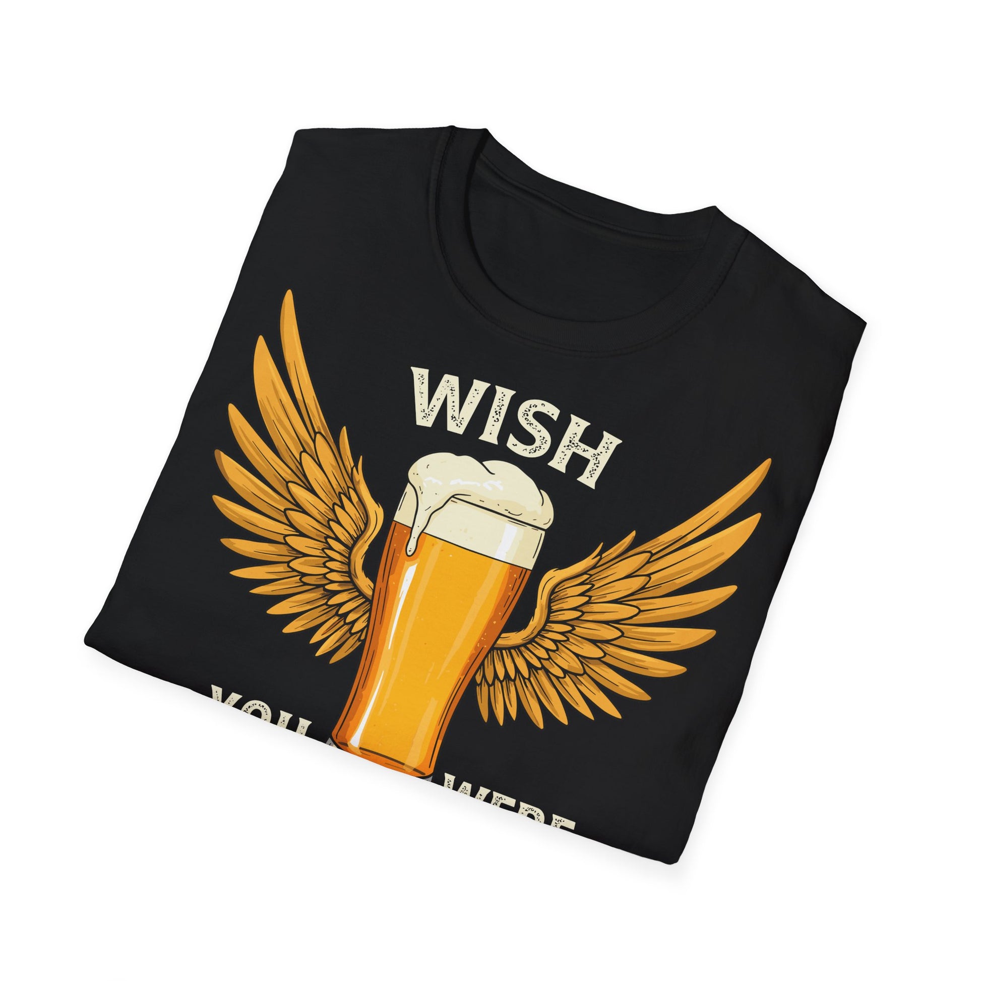 gefaltenes Schwarzes Unisex T-Shirt mit Aufdruck „Wish You Were Beer“ und Illustration eines Bierglases mit goldenen Flügeln – lustiges Party & Festival Shirt für Bierliebhaber